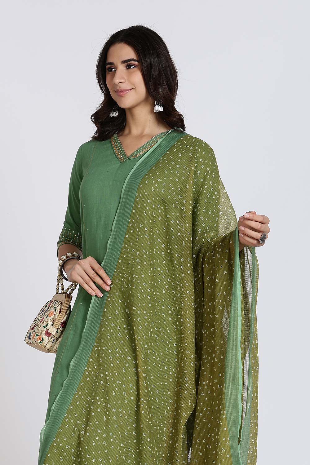 Mythri Women’s Cotton Cambric Kurthi Set 3 Piece Straight Cut Kurthi with Pants and Kota Cotton Shawl - Green - R502