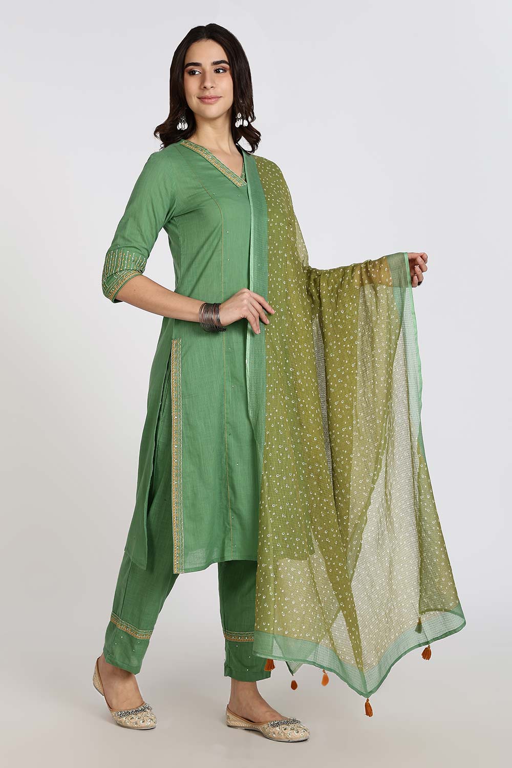 Mythri Women’s Cotton Cambric Kurthi Set 3 Piece Straight Cut Kurthi with Pants and Kota Cotton Shawl - Green - R502