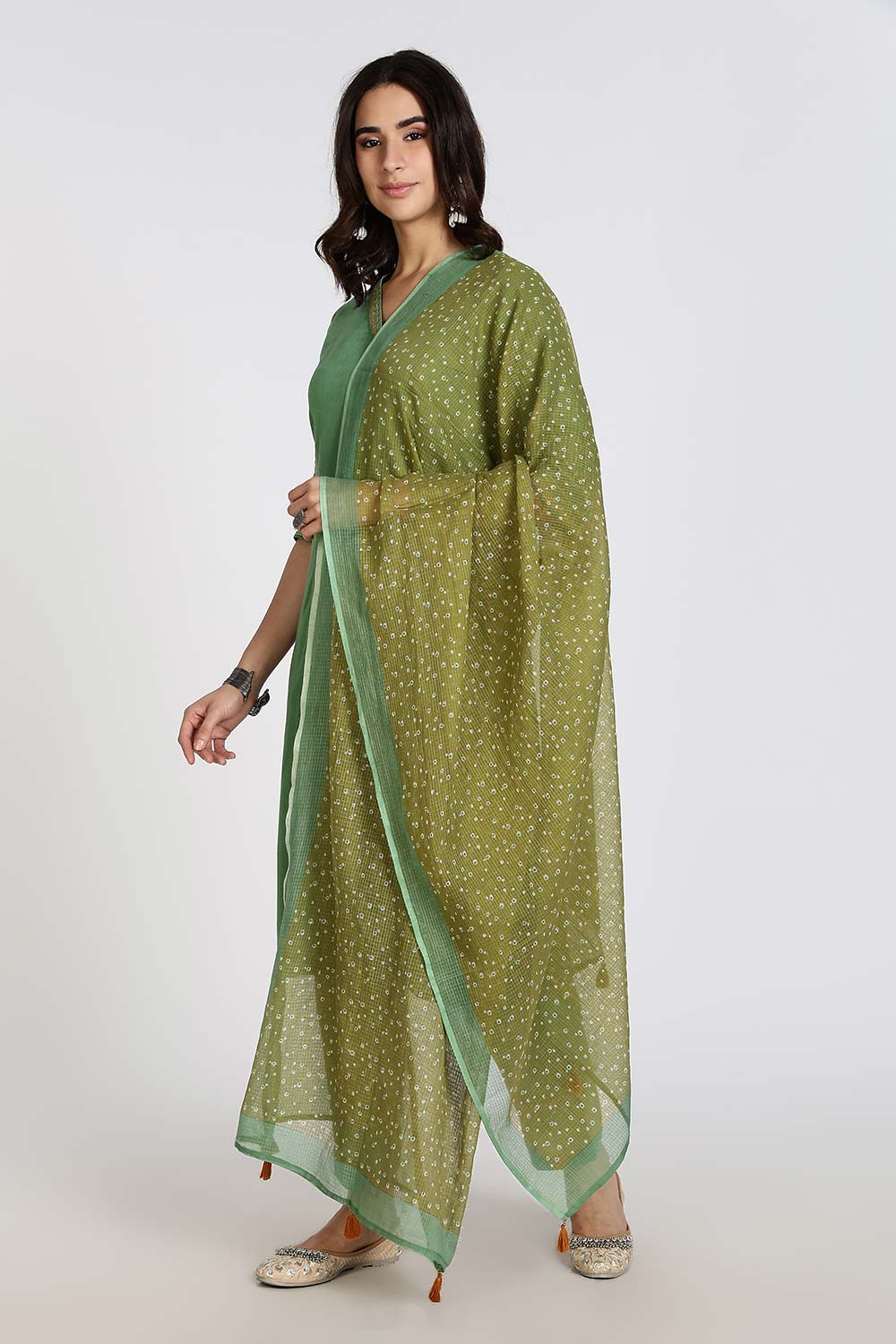 Mythri Women’s Cotton Cambric Kurthi Set 3 Piece Straight Cut Kurthi with Pants and Kota Cotton Shawl - Green - R502