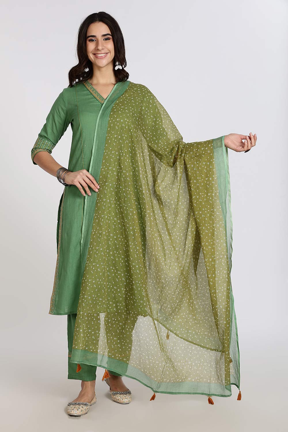 Mythri Women’s Cotton Cambric Kurthi Set 3 Piece Straight Cut Kurthi with Pants and Kota Cotton Shawl - Green - R502