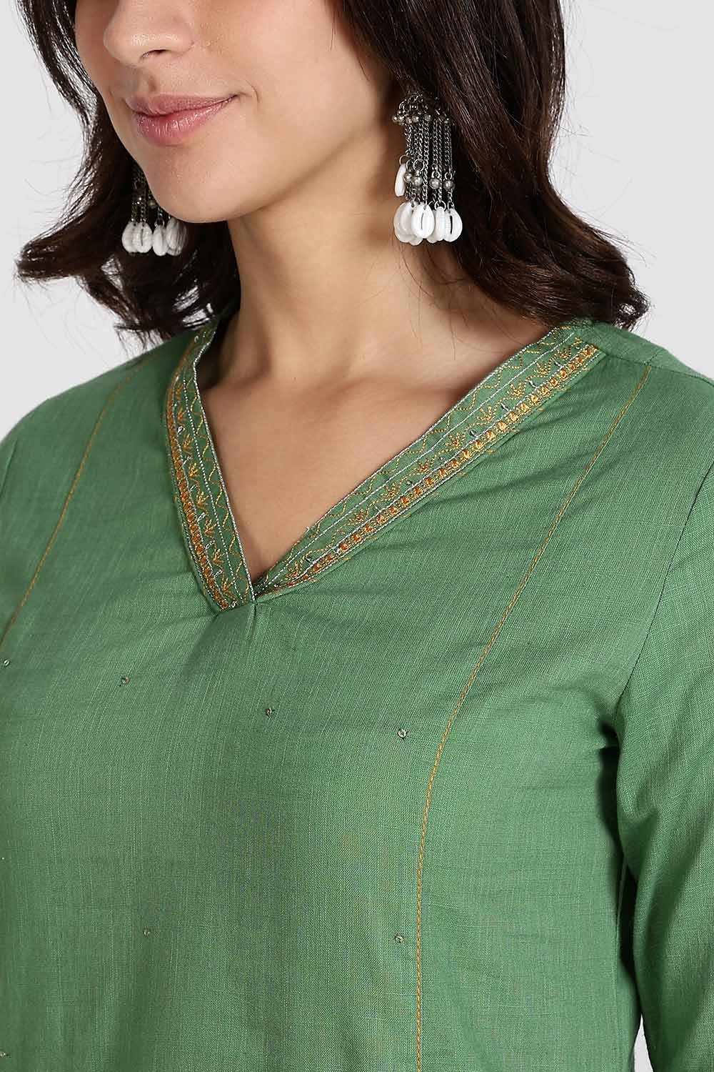 Mythri Women’s Cotton Cambric Kurthi Set 3 Piece Straight Cut Kurthi with Pants and Kota Cotton Shawl - Green - R502