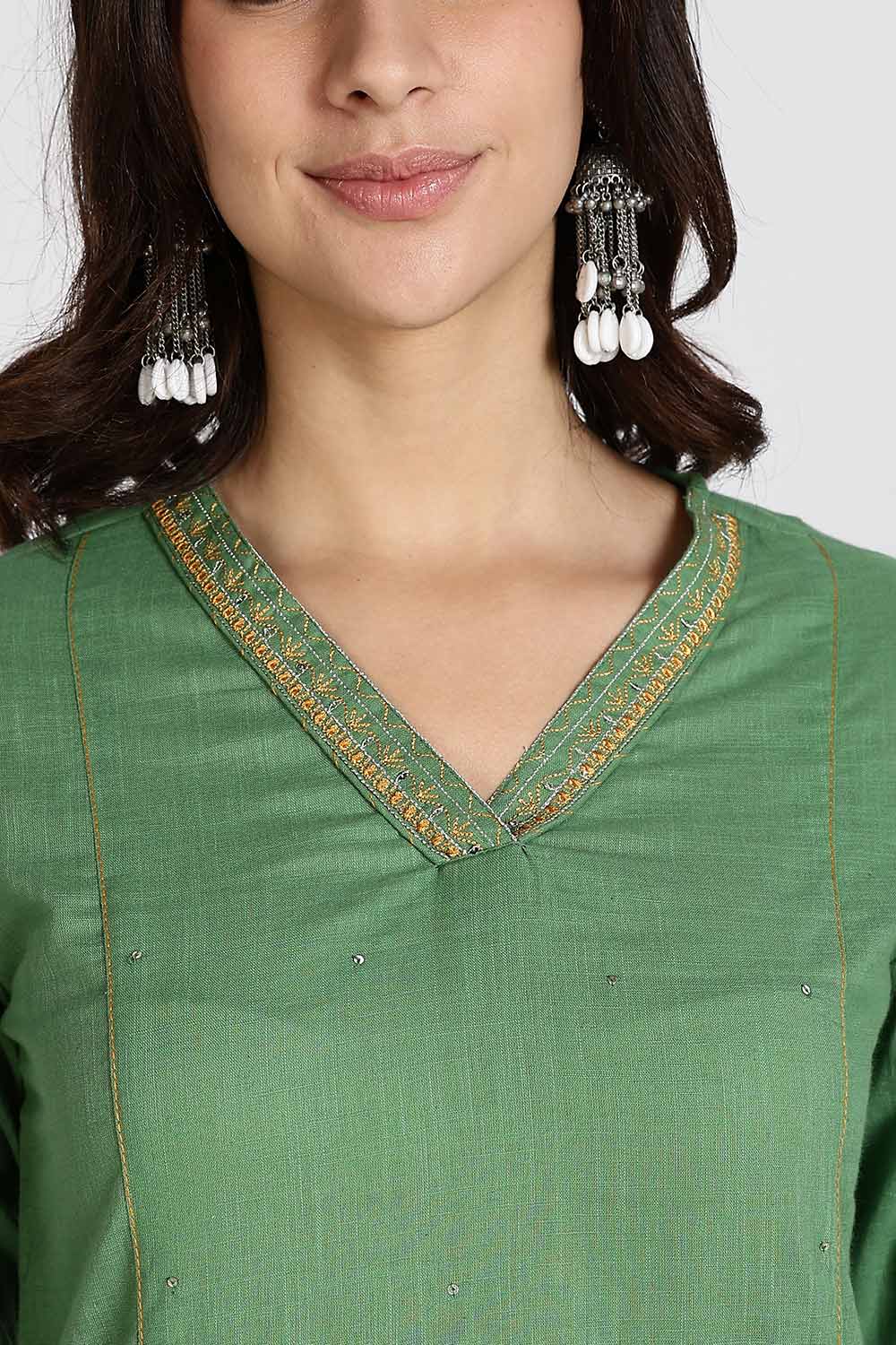 Mythri Women’s Cotton Cambric Kurthi Set 3 Piece Straight Cut Kurthi with Pants and Kota Cotton Shawl - Green - R502