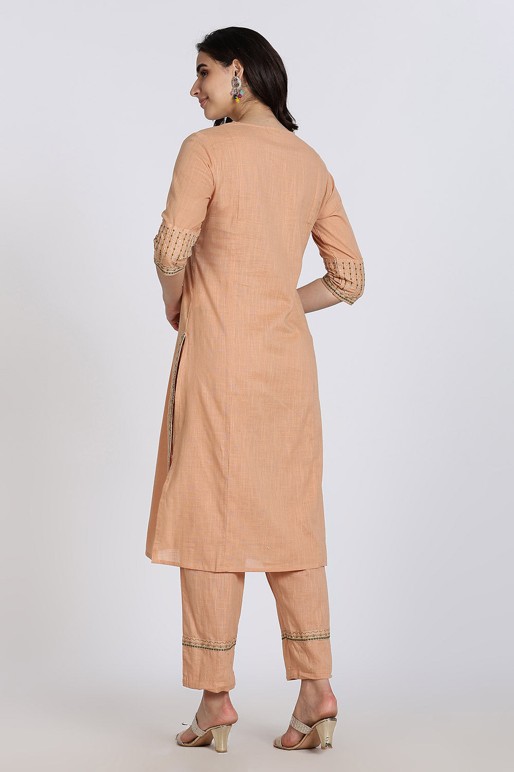 Mythri Women’s Cotton Cambric Kurthi Set 3 Piece Straight Cut Kurthi with Pants and Kota Cotton Shawl - Peach - R502