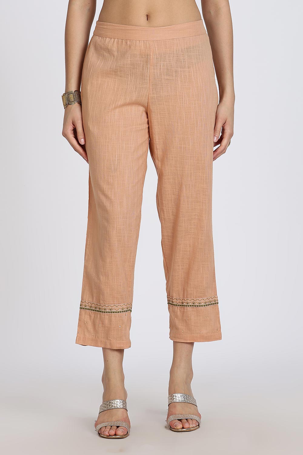 Mythri Women’s Cotton Cambric Kurthi Set 3 Piece Straight Cut Kurthi with Pants and Kota Cotton Shawl - Peach - R502