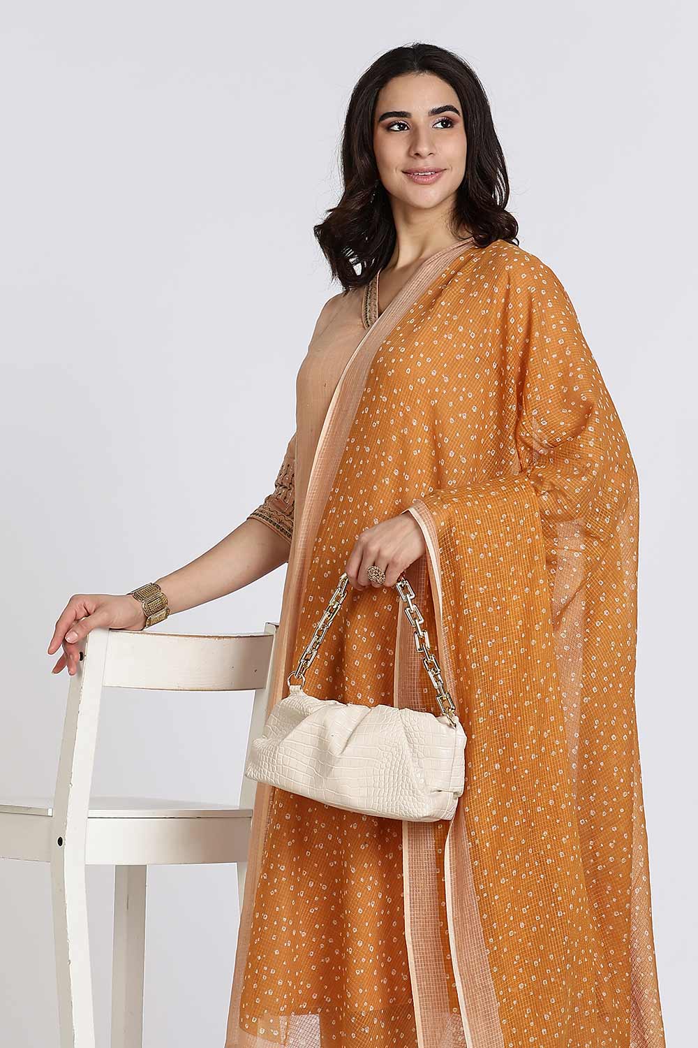 Mythri Women’s Cotton Cambric Kurthi Set 3 Piece Straight Cut Kurthi with Pants and Kota Cotton Shawl - Peach - R502