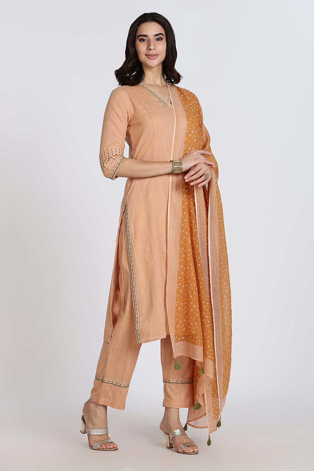 Mythri Women’s Cotton Cambric Kurthi Set 3 Piece Straight Cut Kurthi with Pants and Kota Cotton Shawl - Peach - R502