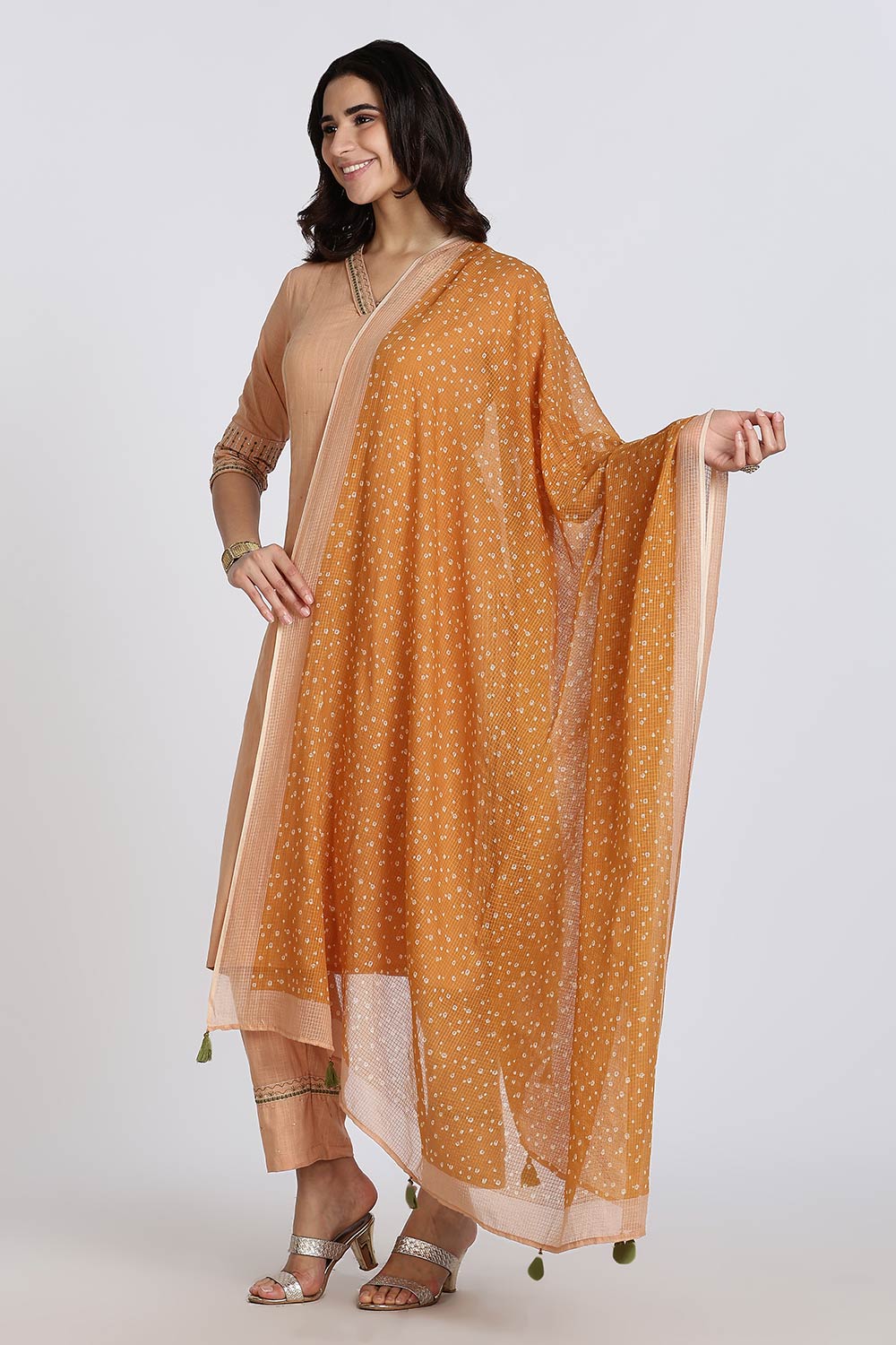 Mythri Women’s Cotton Cambric Kurthi Set 3 Piece Straight Cut Kurthi with Pants and Kota Cotton Shawl - Peach - R502