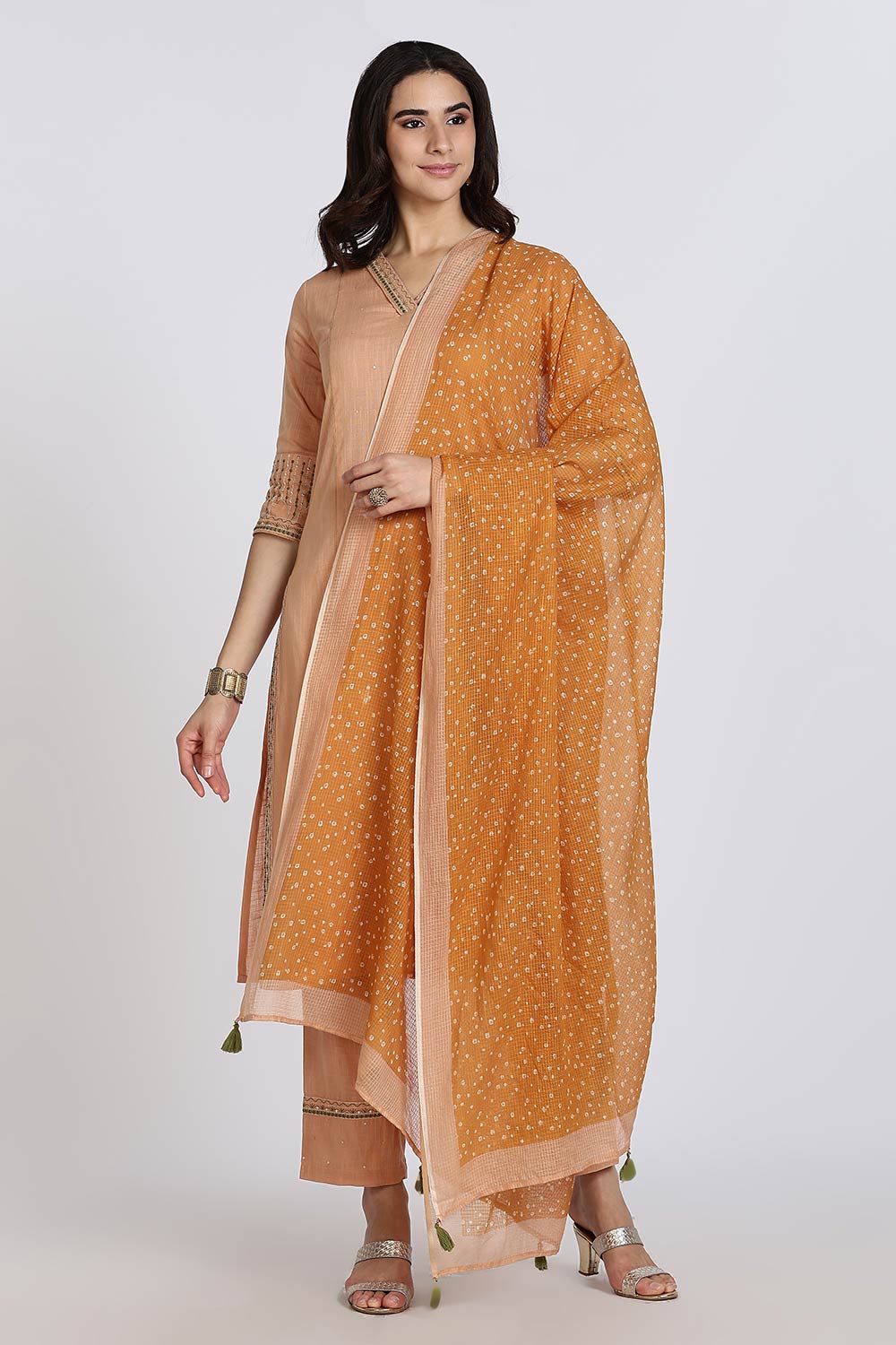 Mythri Women’s Cotton Cambric Kurthi Set 3 Piece Straight Cut Kurthi with Pants and Kota Cotton Shawl - Peach - R502
