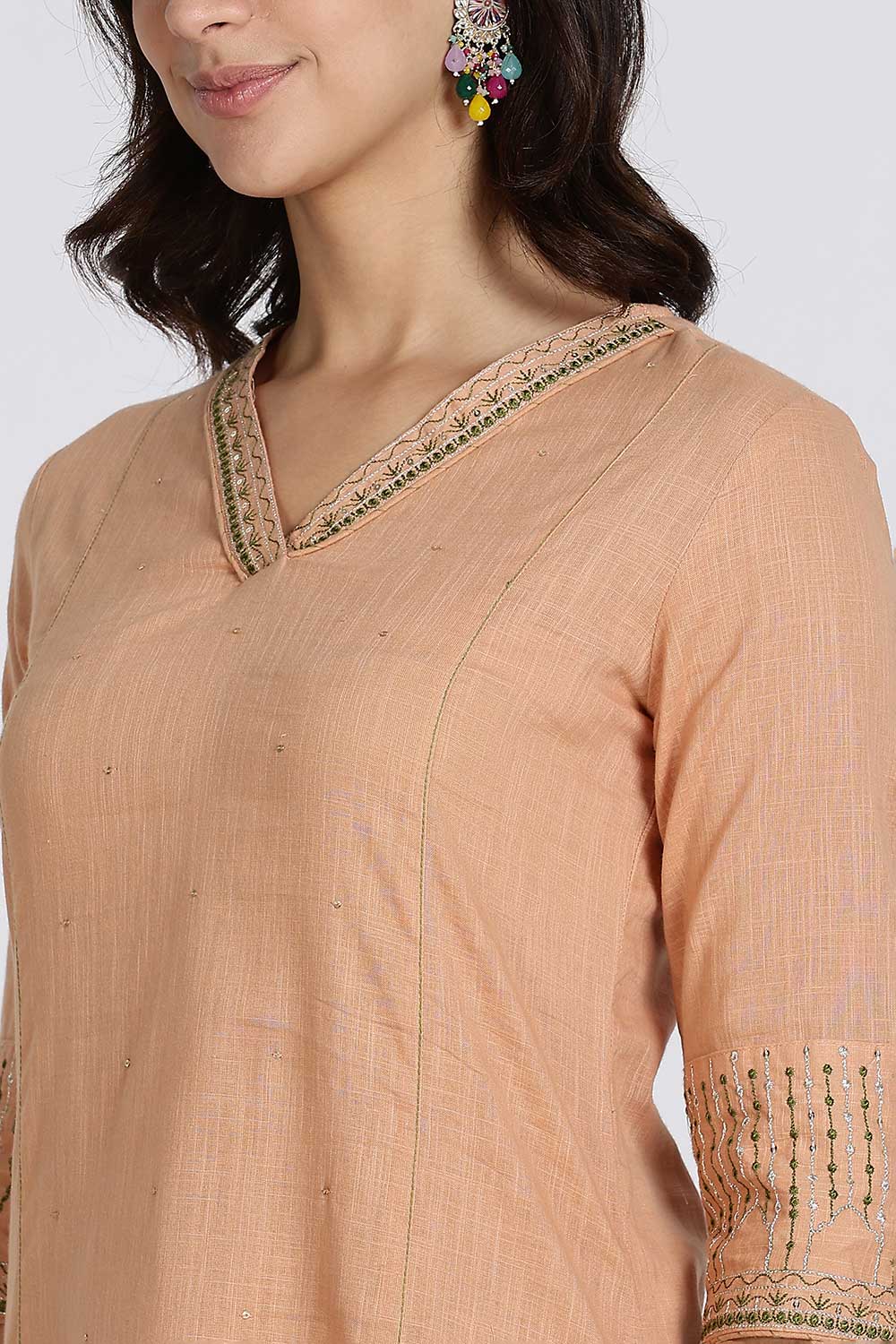 Mythri Women’s Cotton Cambric Kurthi Set 3 Piece Straight Cut Kurthi with Pants and Kota Cotton Shawl - Peach - R502