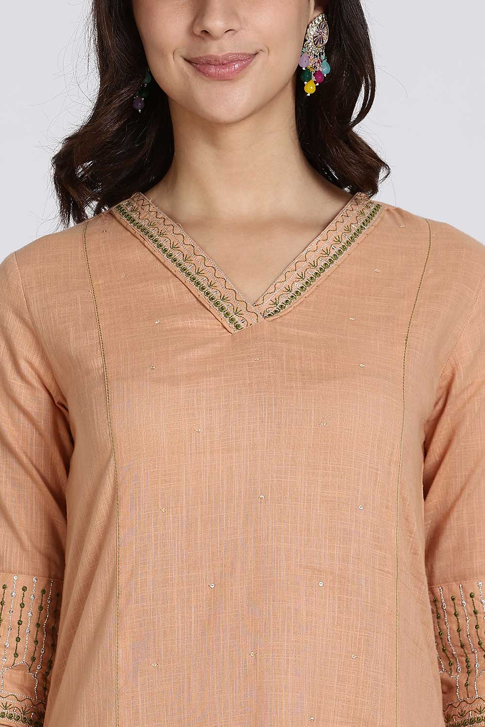 Mythri Women’s Cotton Cambric Kurthi Set 3 Piece Straight Cut Kurthi with Pants and Kota Cotton Shawl - Peach - R502