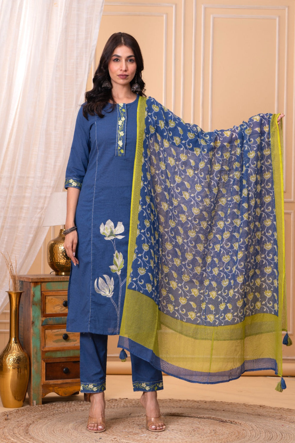 Mythri Women’s Pink Embroidered Cotton Slub Kurta Set with Floral Thread Work, Embroidered Pants & Dupatta | Daily Wear Churidar Set - R504