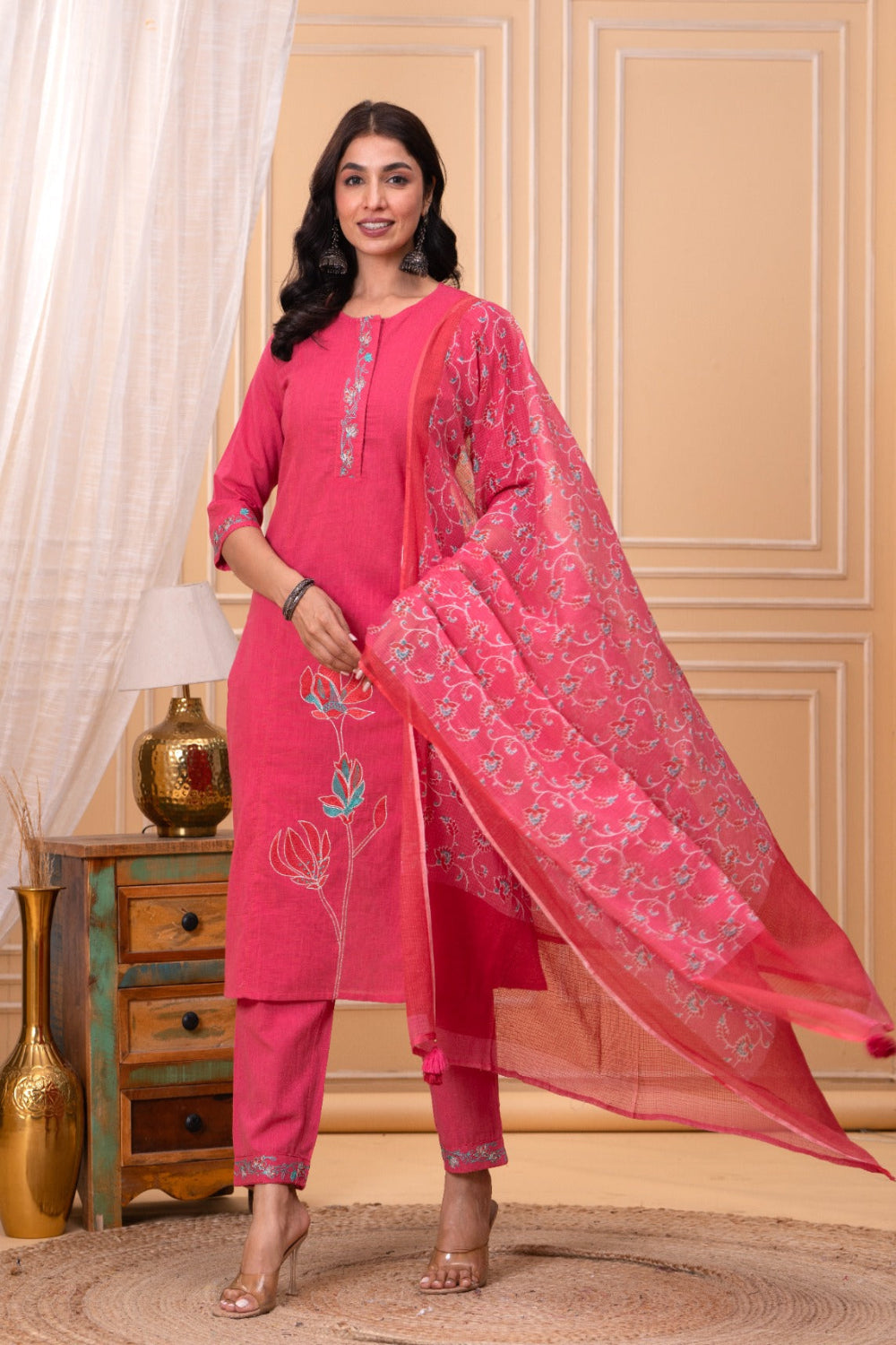 Mythri Women’s Pink Embroidered Cotton Slub Kurta Set with Floral Thread Work, Embroidered Pants & Dupatta | Daily Wear Churidar Set - R504
