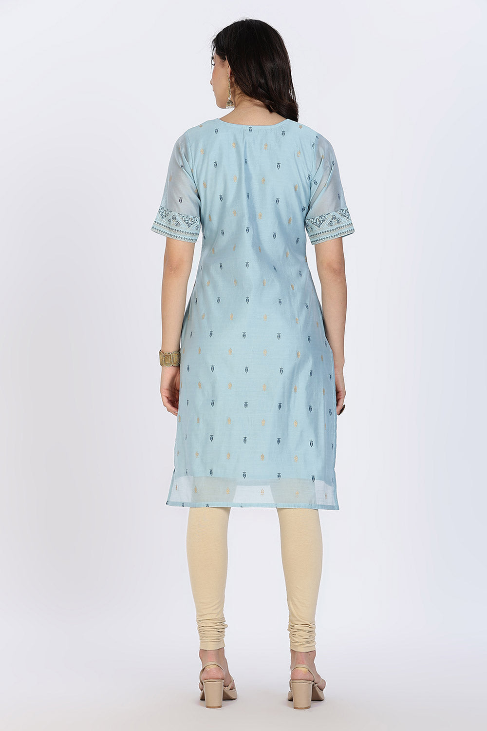 Mythri Women’s Ethnic Kurthi | Straight-Cut Kurthi with Embroidered Front Panel & Patchwork Detailing - Aqua Blue - KAO5
