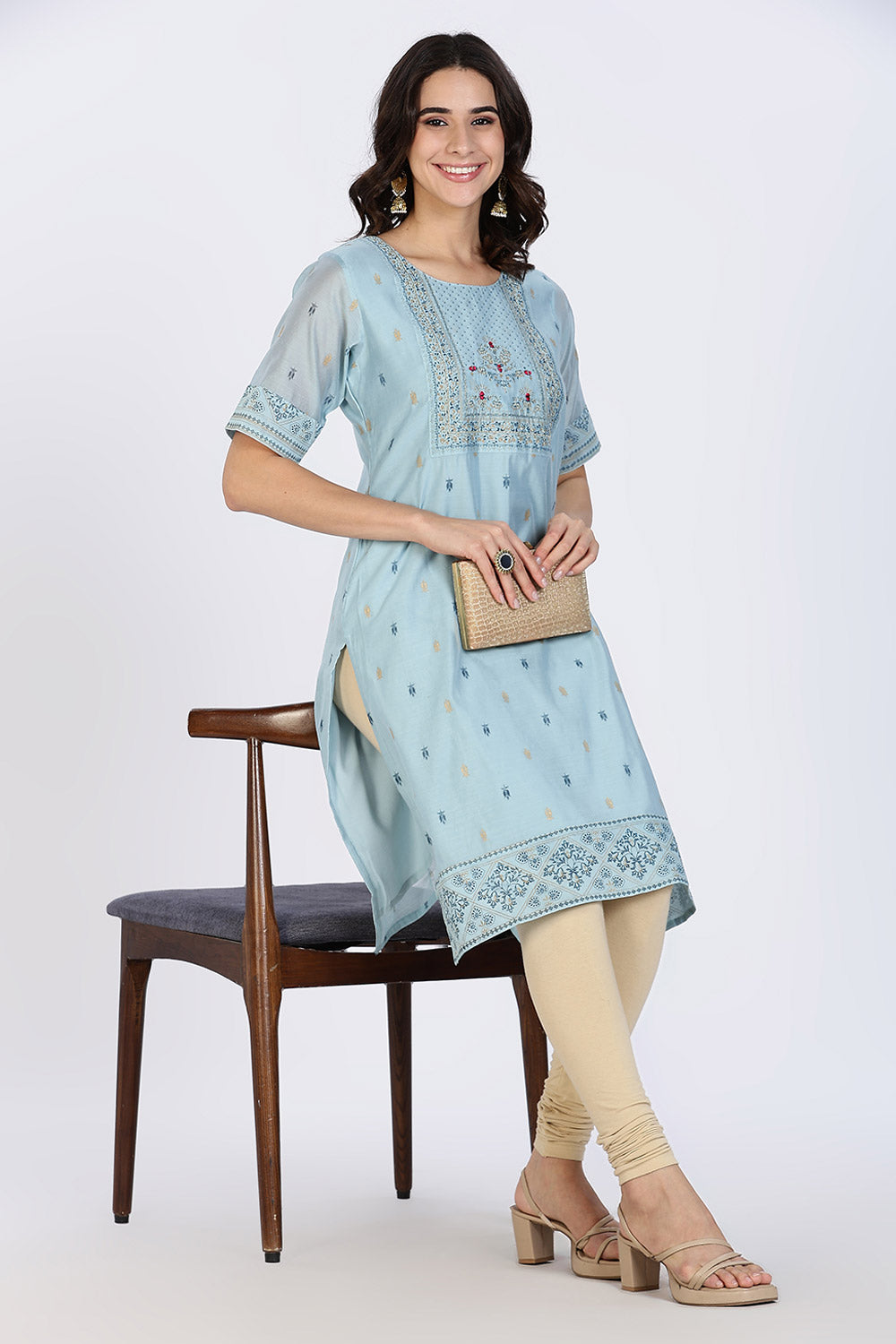 Mythri Women’s Ethnic Kurthi | Straight-Cut Kurthi with Embroidered Front Panel & Patchwork Detailing - Aqua Blue - KAO5