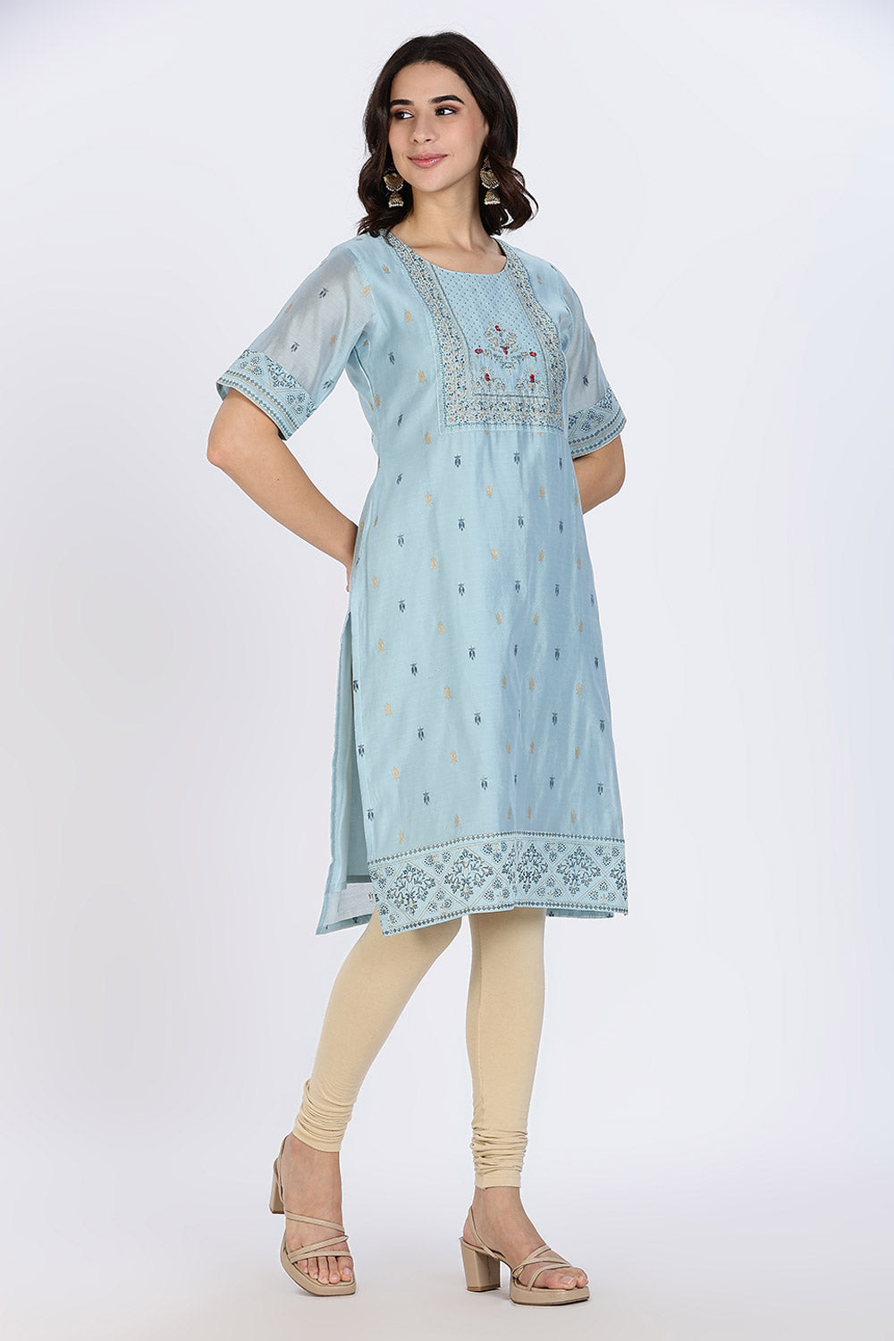 Mythri Women’s Ethnic Kurthi | Straight-Cut Kurthi with Embroidered Front Panel & Patchwork Detailing - Aqua Blue - KAO5