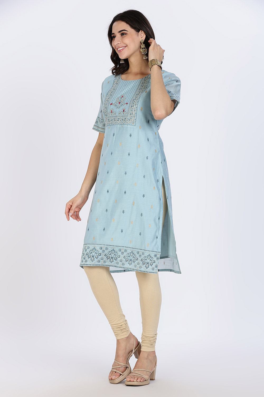 Mythri Women’s Ethnic Kurthi | Straight-Cut Kurthi with Embroidered Front Panel & Patchwork Detailing - Aqua Blue - KAO5
