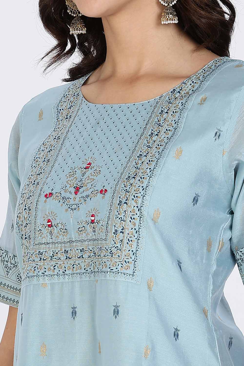 Mythri Women’s Ethnic Kurthi | Straight-Cut Kurthi with Embroidered Front Panel & Patchwork Detailing - Aqua Blue - KAO5