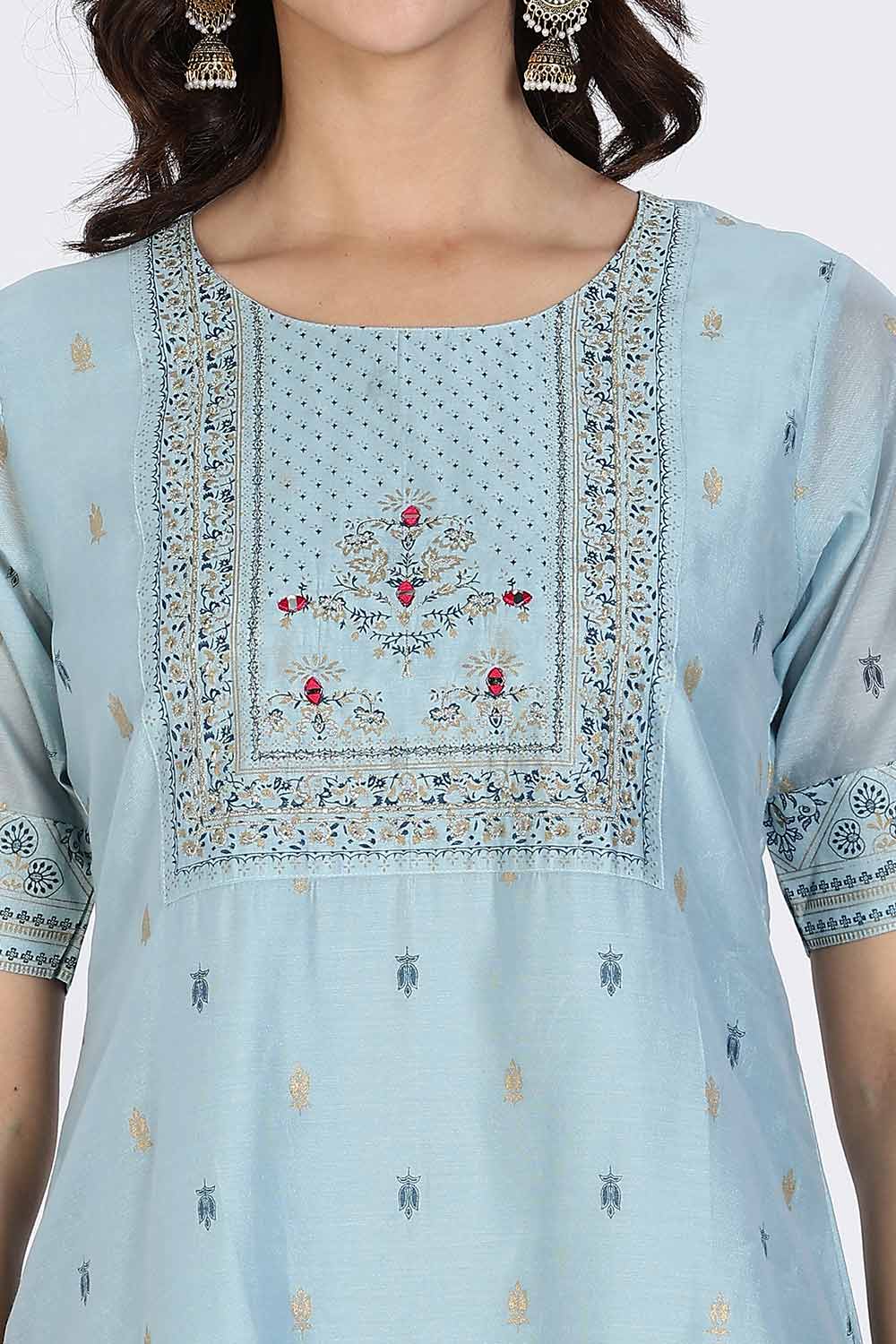 Mythri Women’s Ethnic Kurthi | Straight-Cut Kurthi with Embroidered Front Panel & Patchwork Detailing - Aqua Blue - KAO5