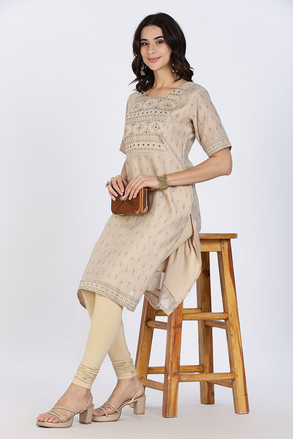Mythri Women’s Ethnic Kurthi | Straight-Line Kurthi with Scoop Neckline, Embroidery & Border Detailing - Off White - KAO6