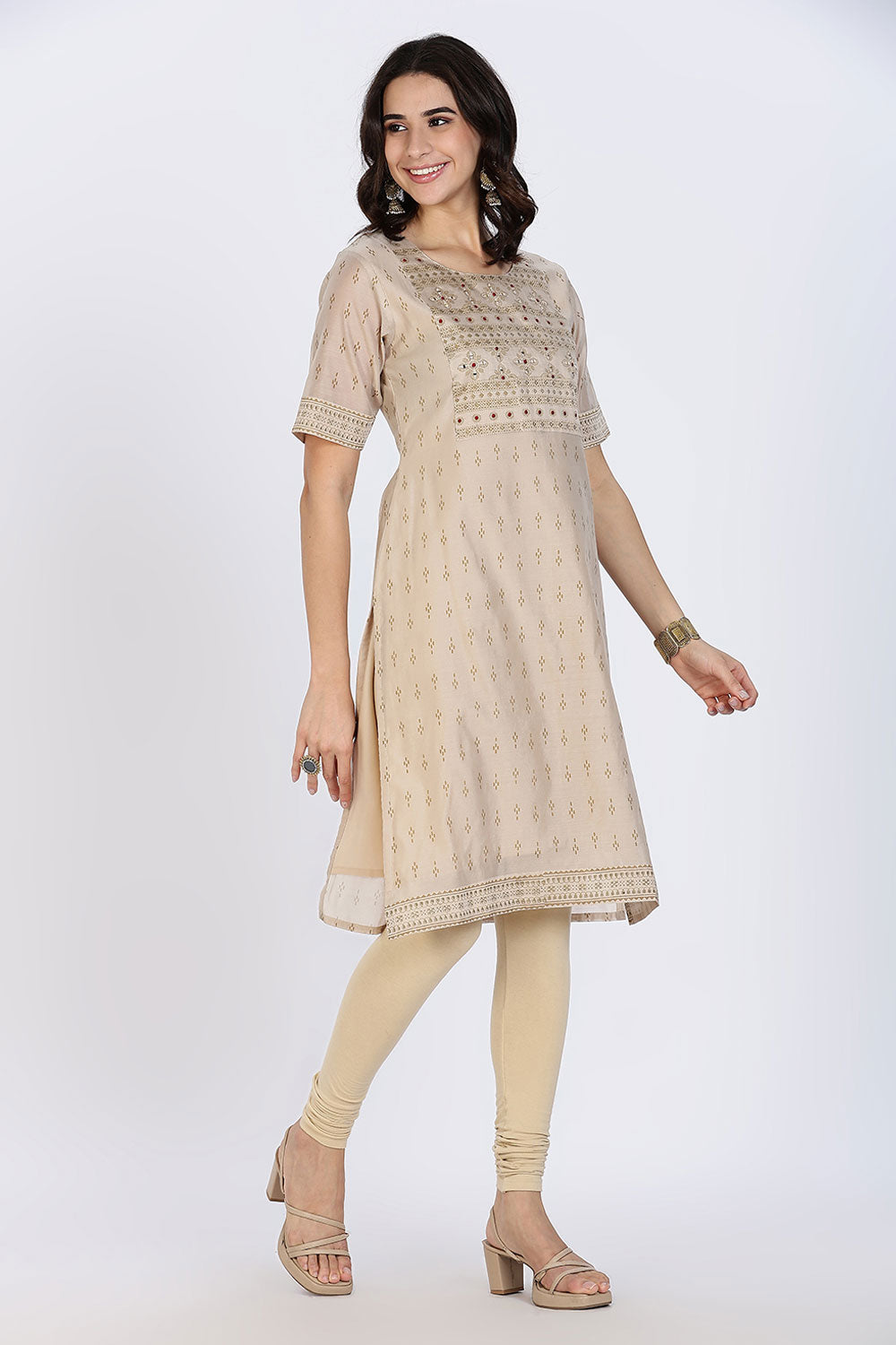 Mythri Women’s Ethnic Kurthi | Straight-Line Kurthi with Scoop Neckline, Embroidery & Border Detailing - Off White - KAO6