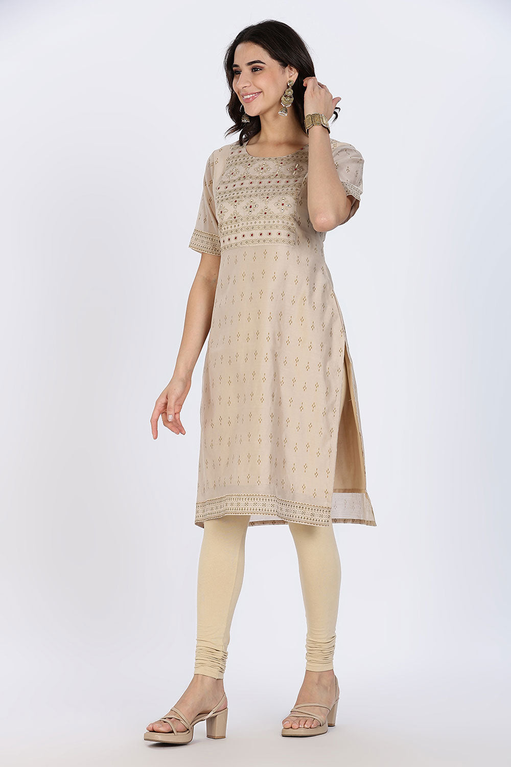 Mythri Women’s Ethnic Kurthi | Straight-Line Kurthi with Scoop Neckline, Embroidery & Border Detailing - Off White - KAO6