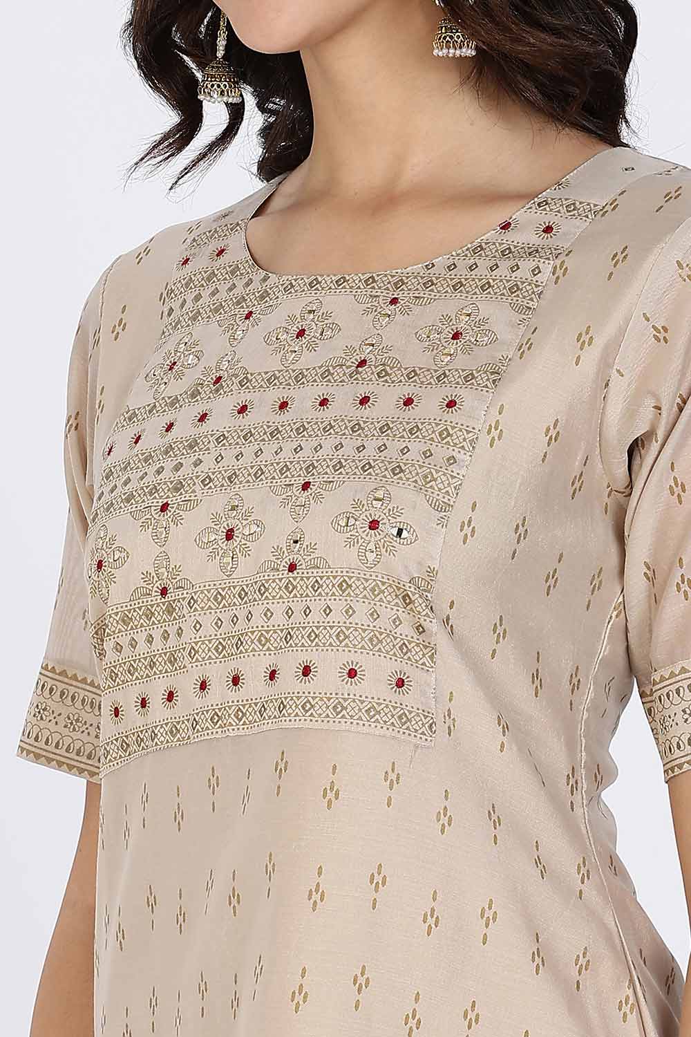 Mythri Women’s Ethnic Kurthi | Straight-Line Kurthi with Scoop Neckline, Embroidery & Border Detailing - Off White - KAO6