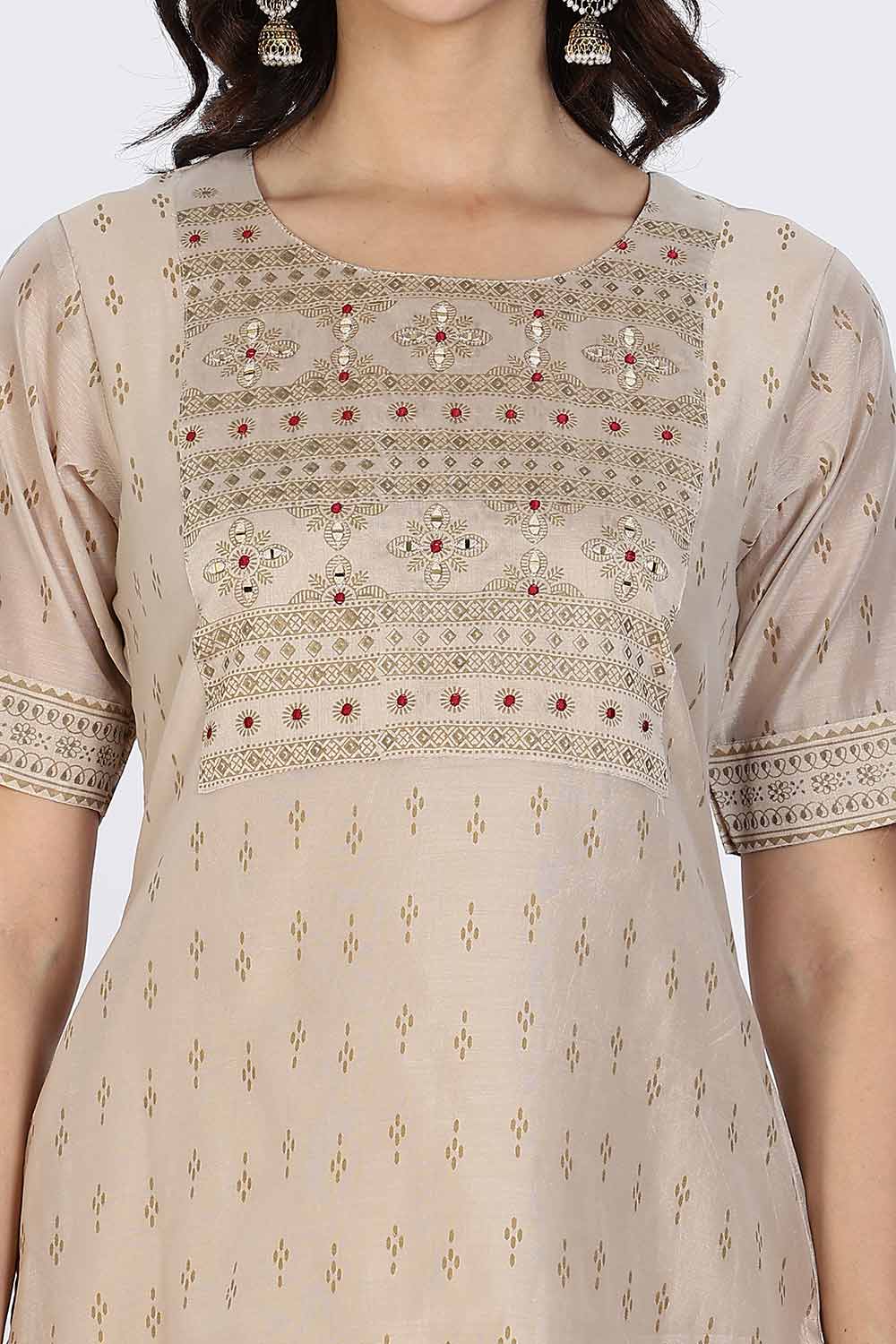Mythri Women’s Ethnic Kurthi | Straight-Line Kurthi with Scoop Neckline, Embroidery & Border Detailing - Off White - KAO6