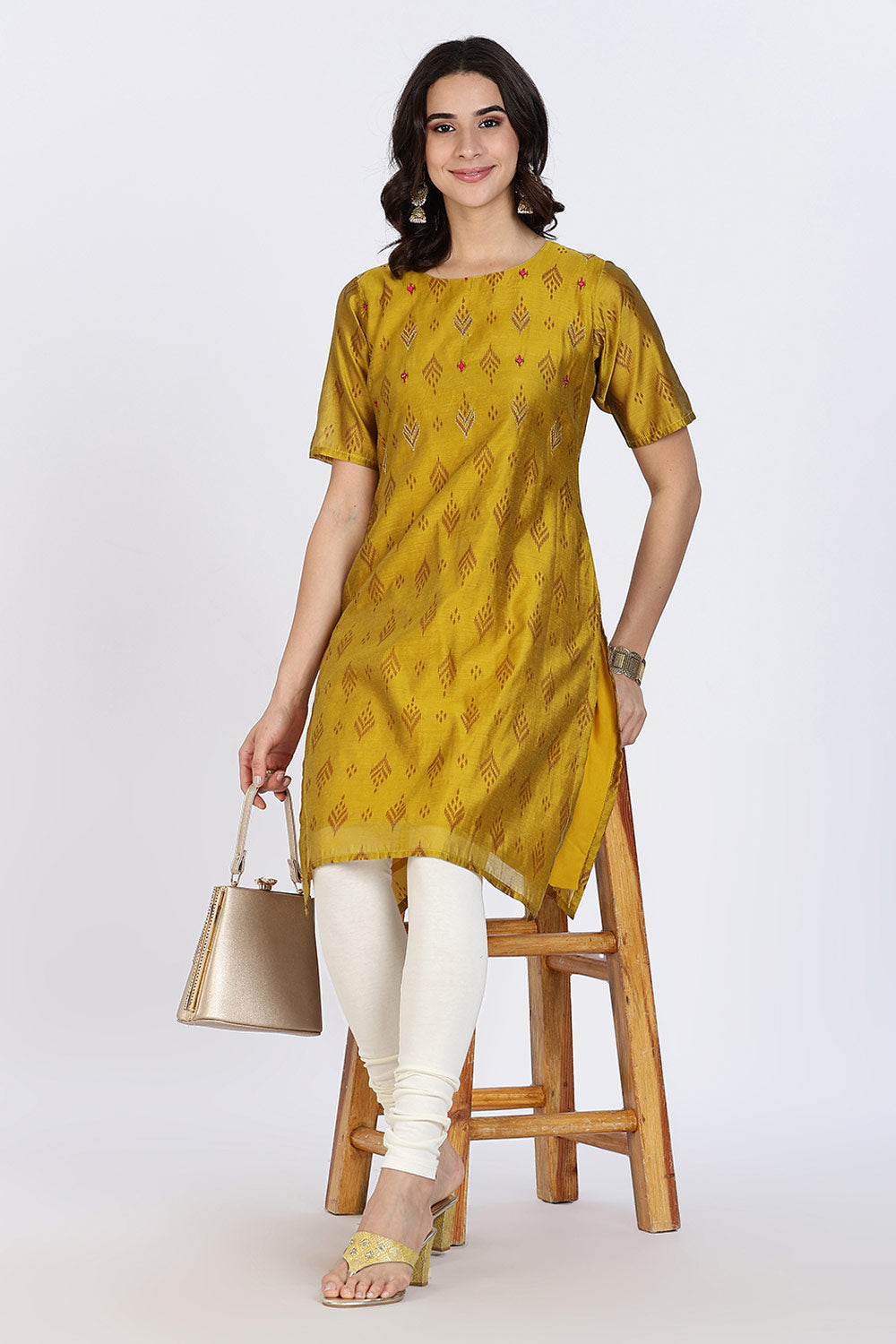 Mythri Women’s Ethnic Kurthi | Straight Kurthi with Scoop Neckline, Embroidered Motifs & Border Detailing - Mustard - KAO7