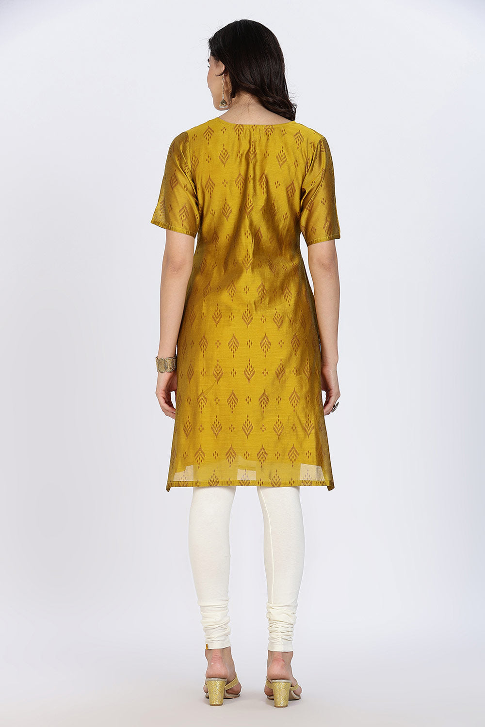 Mythri Women’s Ethnic Kurthi | Straight Kurthi with Scoop Neckline, Embroidered Motifs & Border Detailing - Mustard - KAO7