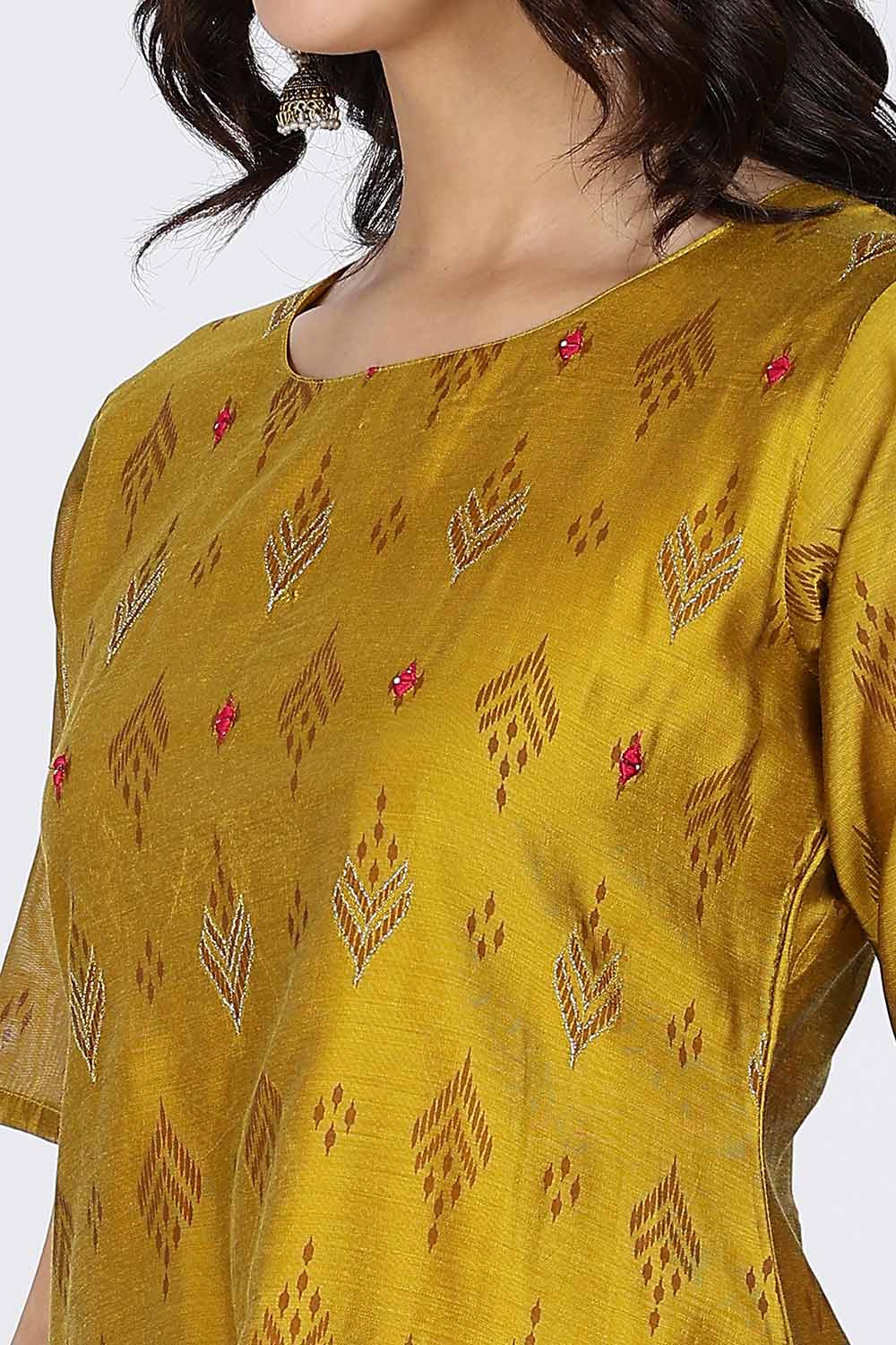 Mythri Women’s Ethnic Kurthi | Straight Kurthi with Scoop Neckline, Embroidered Motifs & Border Detailing - Mustard - KAO7