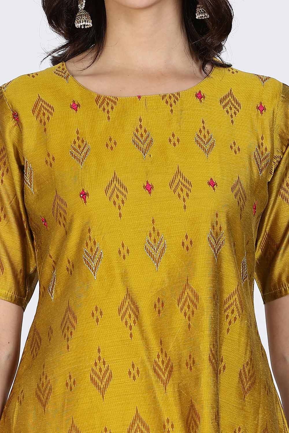 Mythri Women’s Ethnic Kurthi | Straight Kurthi with Scoop Neckline, Embroidered Motifs & Border Detailing - Mustard - KAO7