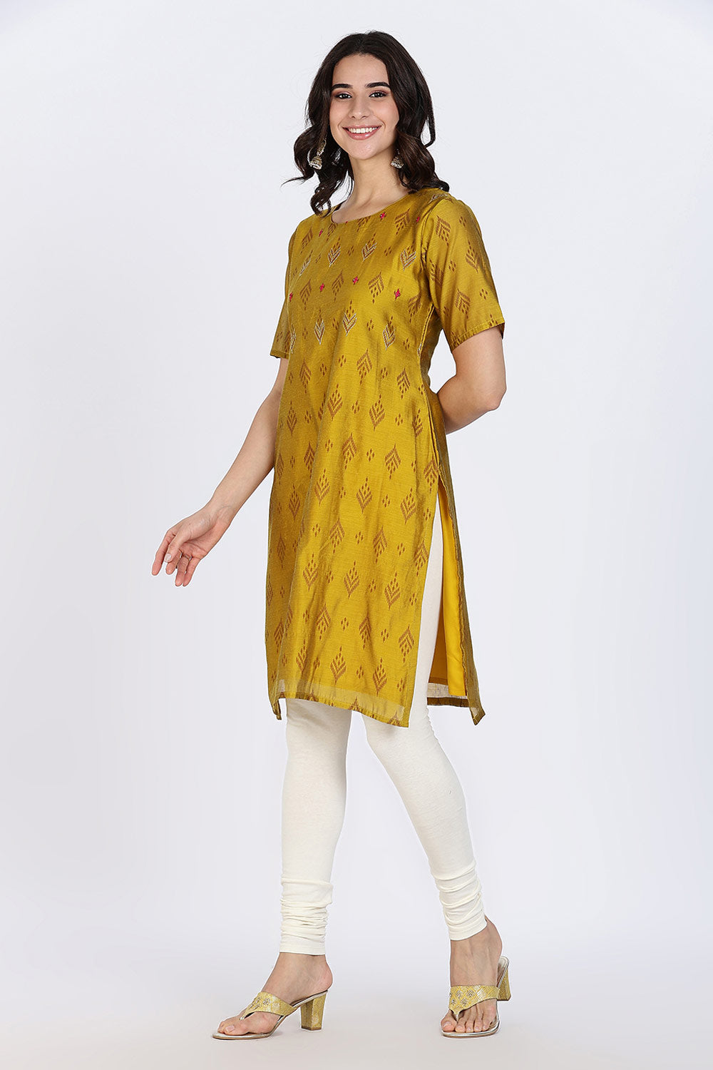 Mythri Women's Ethnic Kurthi | Straight Kurthi with Scoop Neckline, Embroidered Motifs & Border Detailing - Mustard - KAO7