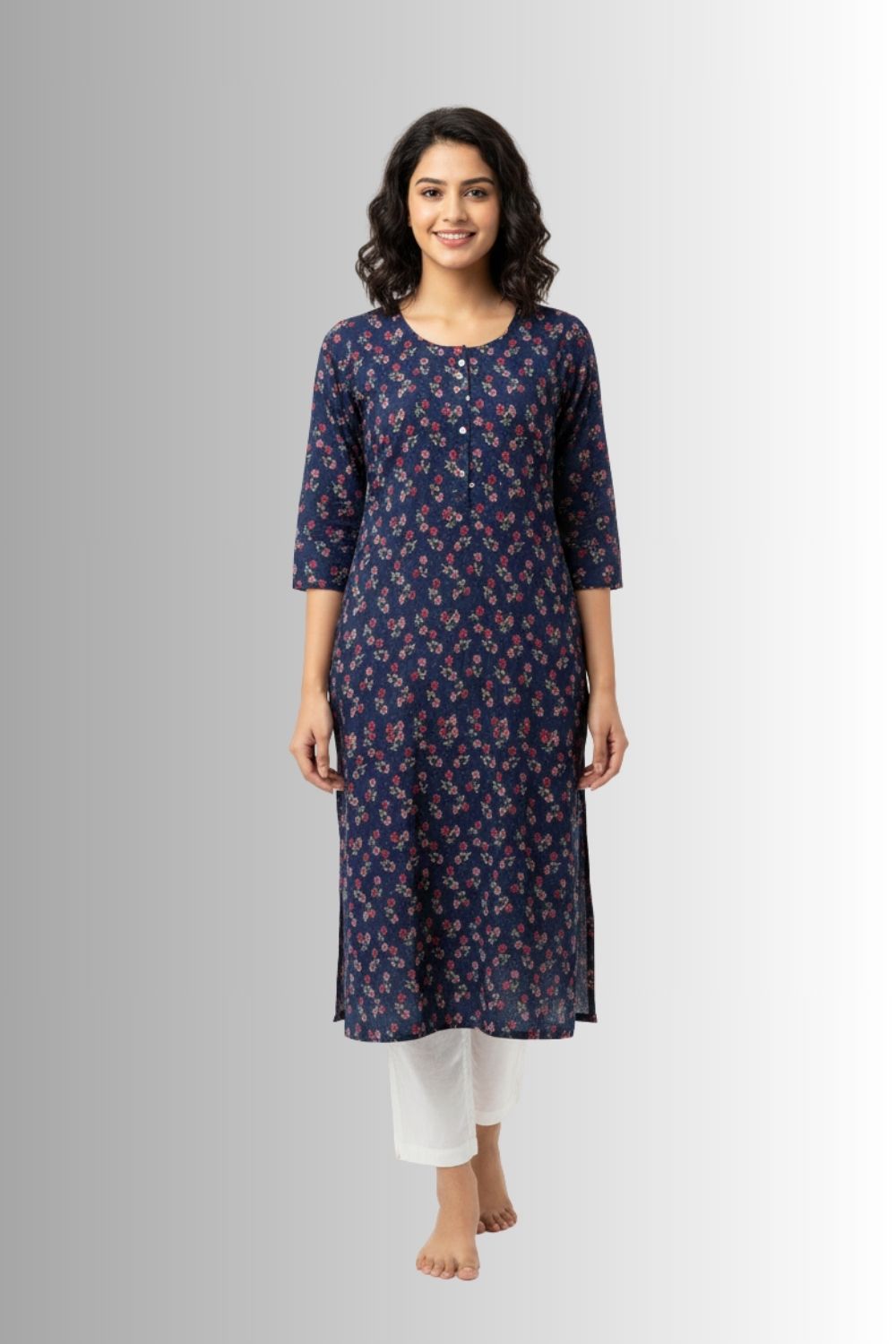 Mythri Kurtha for Women Cotton Blend Daily Wear Floral Straight Kurtha with V Slit Neck and Patchwork Detailing - Navy - KA19