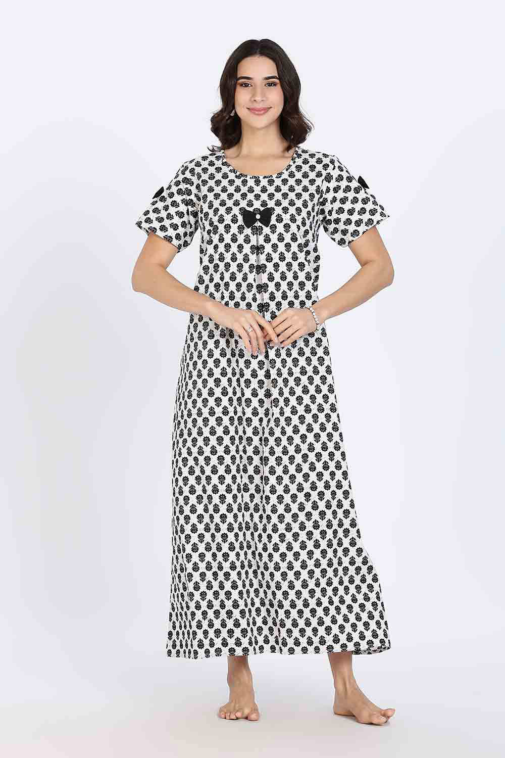 Naidu Hall Women’s Cotton Full-Length Nighty with Bow Tie & Pearl Button – Printed Design
- Black - NA62