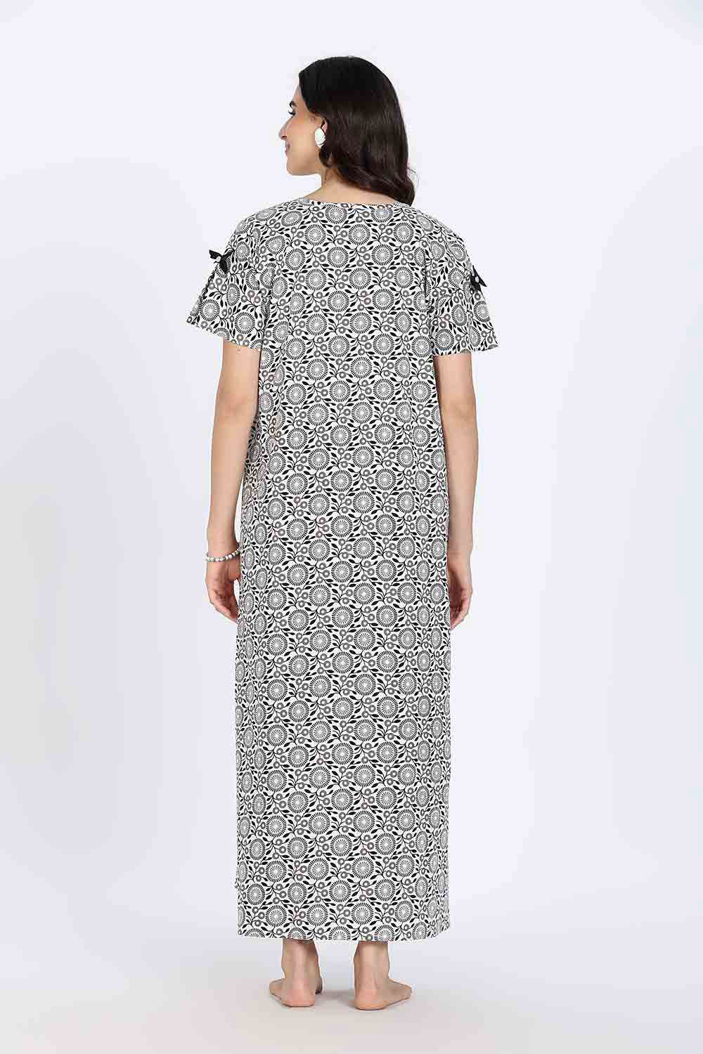 Naidu Hall Women’s Cotton Full-Length Nighty with Bow Tie & Pearl Button – Printed Design
- Black - NA63