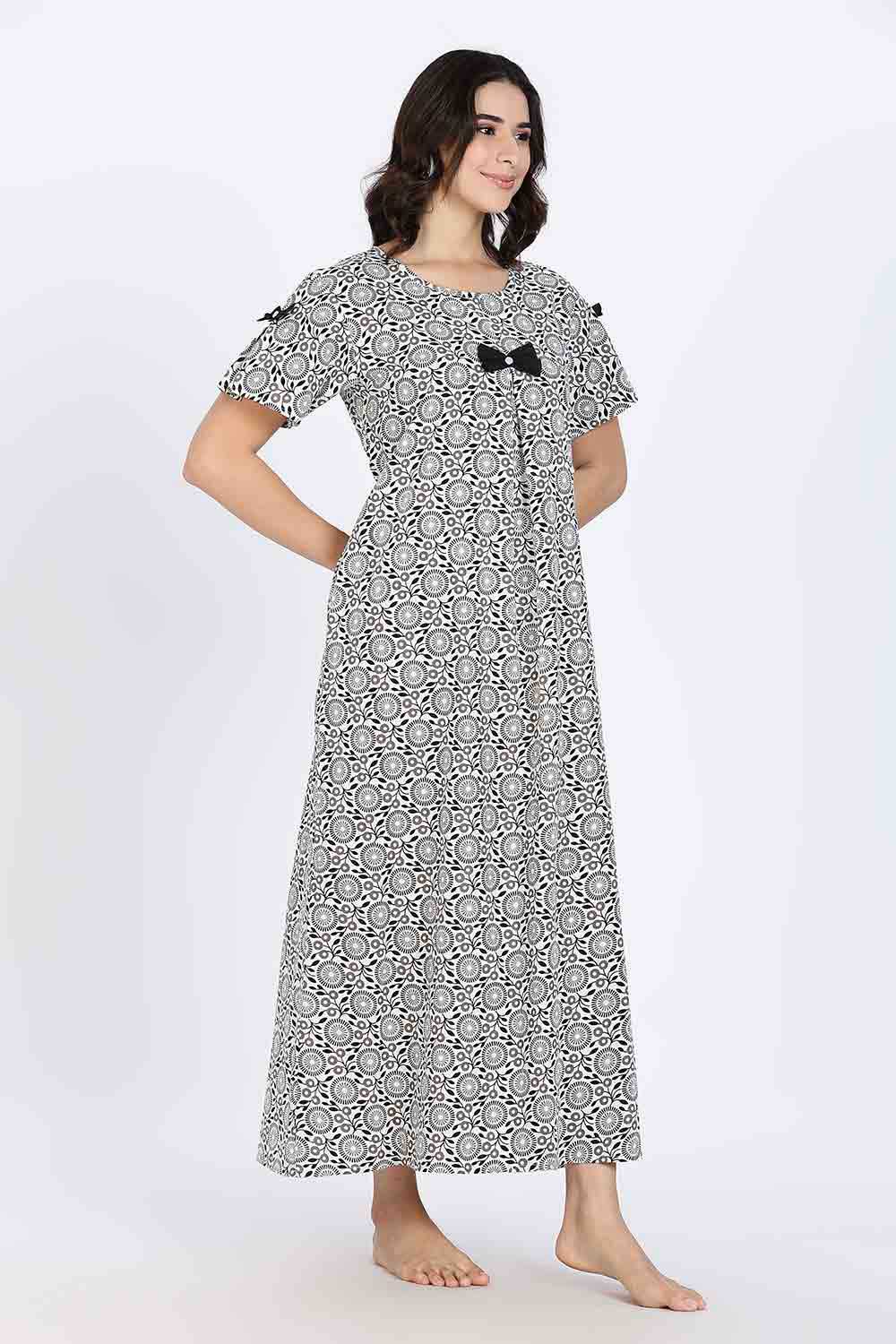 Naidu Hall Women’s Cotton Full-Length Nighty with Bow Tie & Pearl Button – Printed Design
- Black - NA63