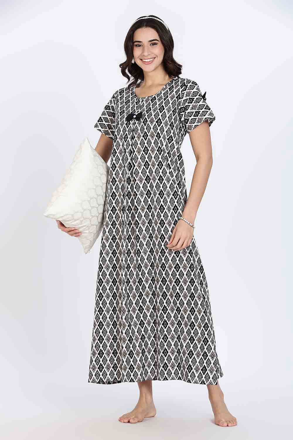 Naidu Hall Women’s Cotton Full-Length Nighty with Bow Tie & Pearl Button – Printed Design
- Black - NA64