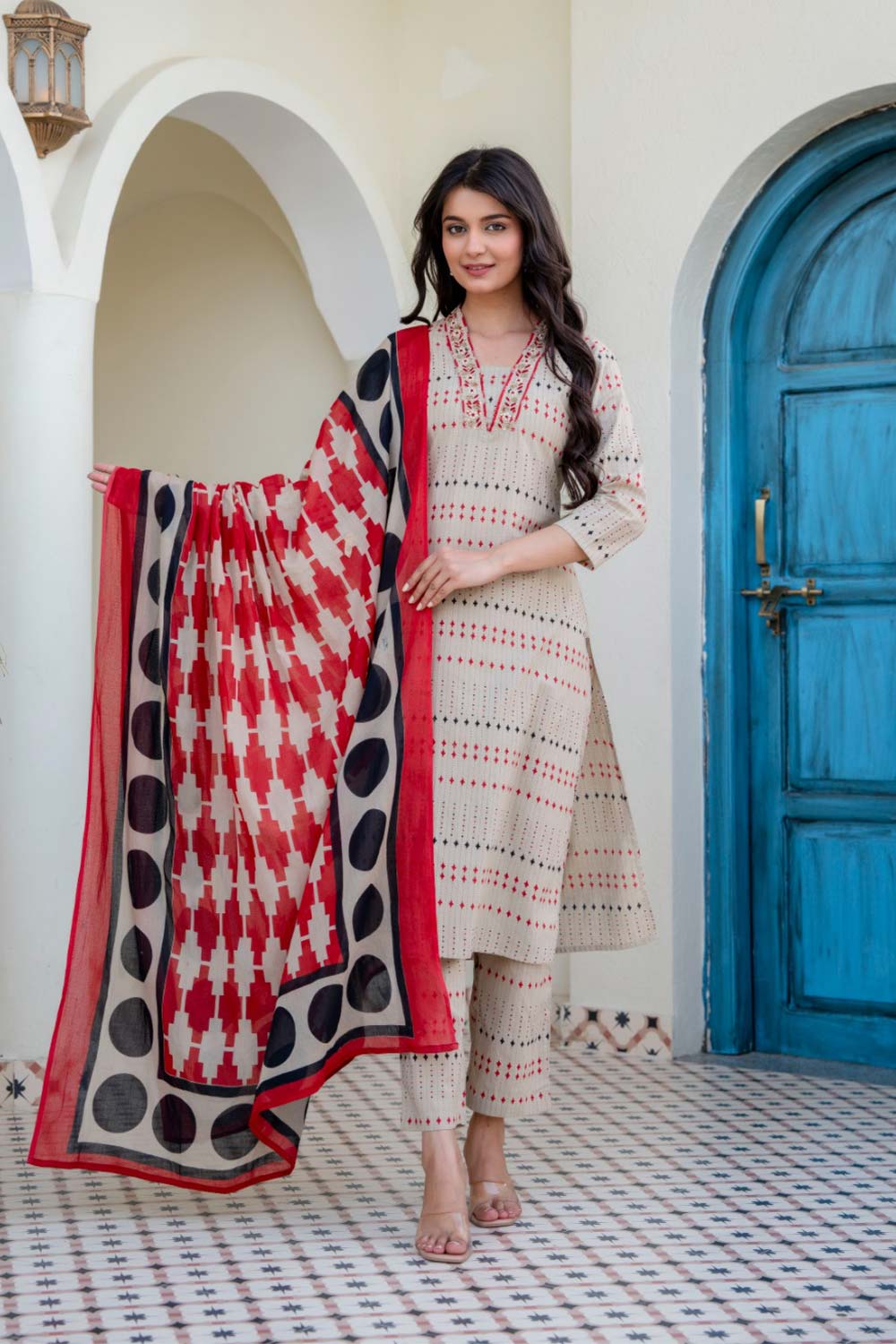 Women's Cotton Blend Printed Chudidar Set | Square Neck Ethnic Kurta Set with Bottom | 3/4 Sleeve Regular Fit Everyday Wear - SS01