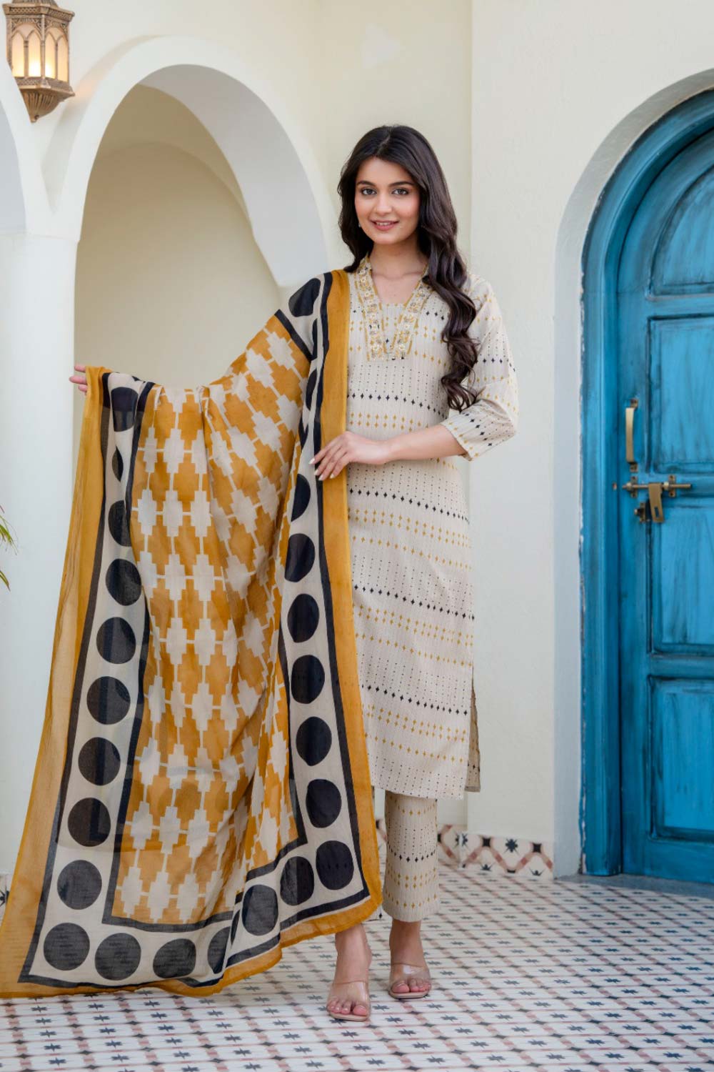 Women's Cotton Blend Printed Chudidar Set | Square Neck Ethnic Kurta Set with Bottom | 3/4 Sleeve Regular Fit Everyday Wear - SS01