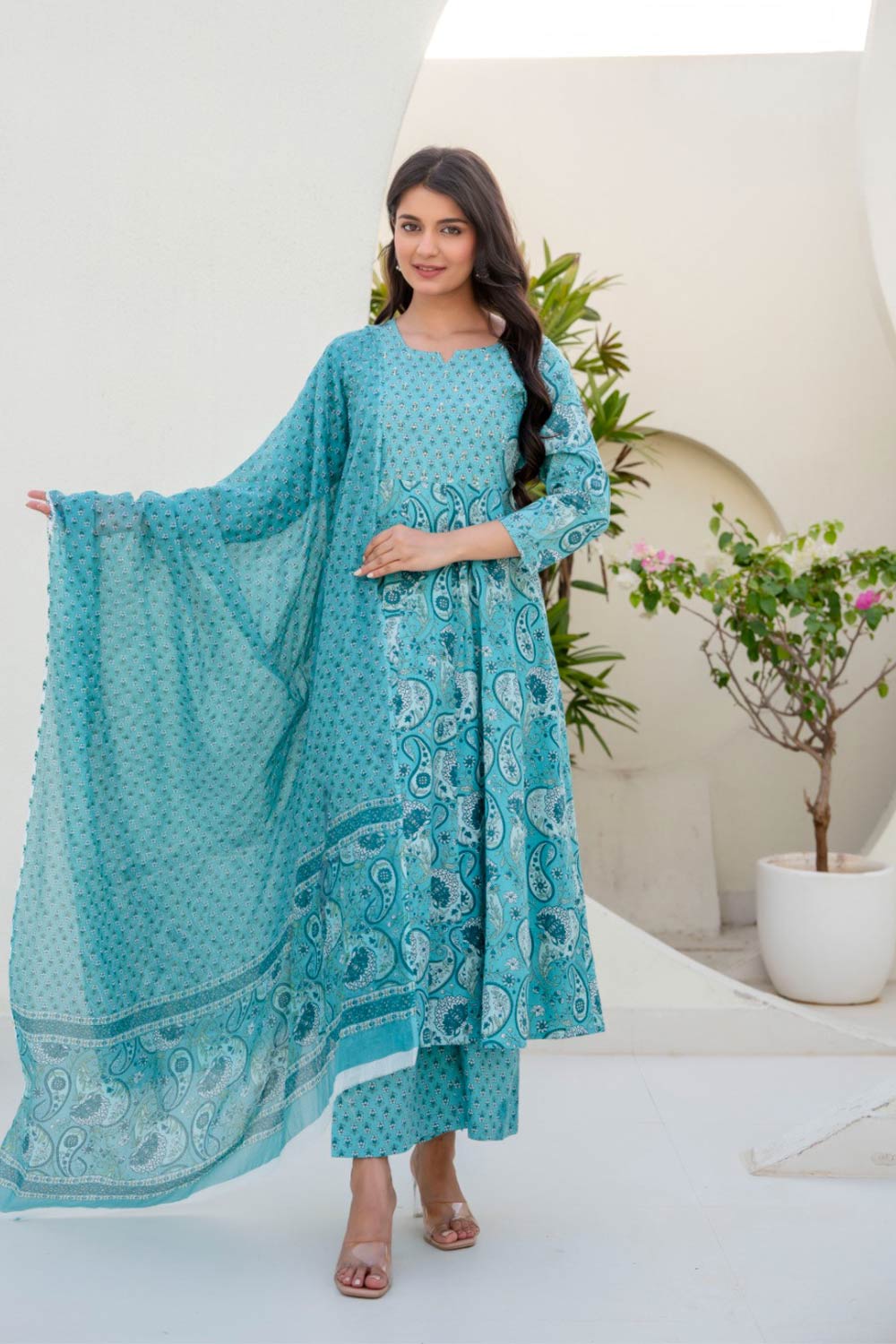 Women's Cotton Blend Chudidar Set | Ethnic Printed Kurta Set with Bottom | Round V-Cut Neck 3/4 Sleeve Regular Fit Everyday Wear - SS04