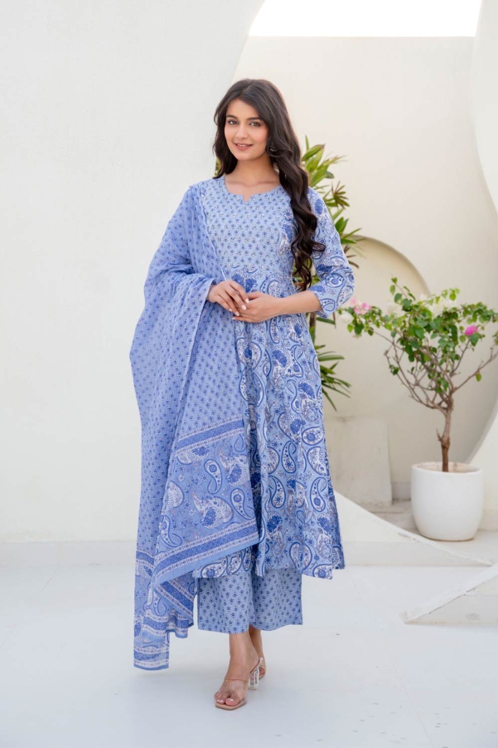 Women's Cotton Blend Chudidar Set | Ethnic Printed Kurta Set with Bottom | Round V-Cut Neck 3/4 Sleeve Regular Fit Everyday Wear - SS04