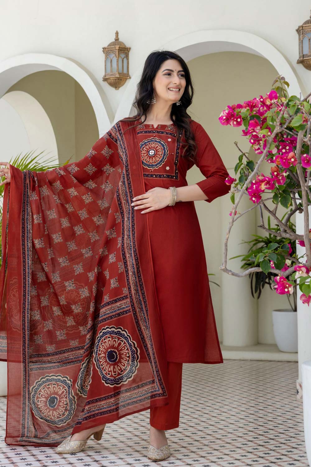 Women's Cotton Blend Chudidar Set | Ethnic Printed Kurta Set with Bottom | Round V-Cut Neck 3/4 Sleeve Regular Fit Everyday Wear - SS07