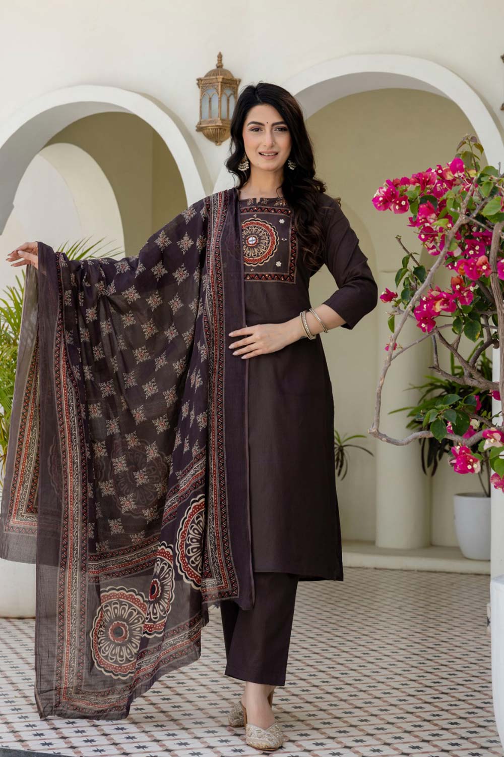 Women's Cotton Blend Chudidar Set | Ethnic Printed Kurta Set with Bottom | Round V-Cut Neck 3/4 Sleeve Regular Fit Everyday Wear - SS07