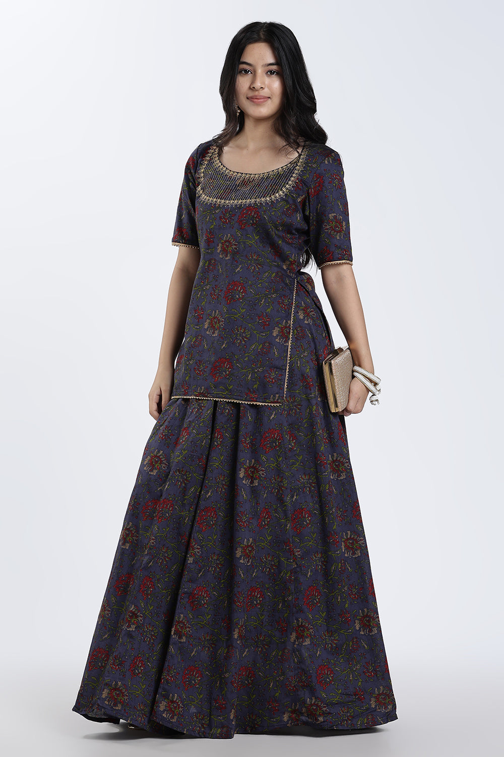Mythri Women’s Festive Co-Ord Set – Cotton Blend Ethnic Top & Flared Skirt Set with Lace, Zari & Bead Detailing | Indo-Western Festive Wear for Women - ST09
