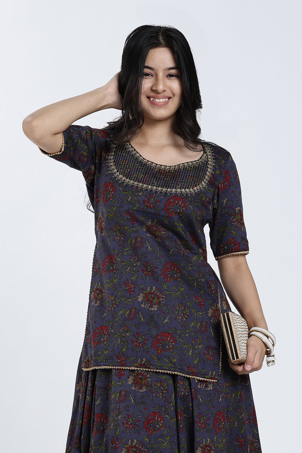 Mythri Women’s Festive Co-Ord Set – Cotton Blend Ethnic Top & Flared Skirt Set with Lace, Zari & Bead Detailing | Indo-Western Festive Wear for Women - ST09