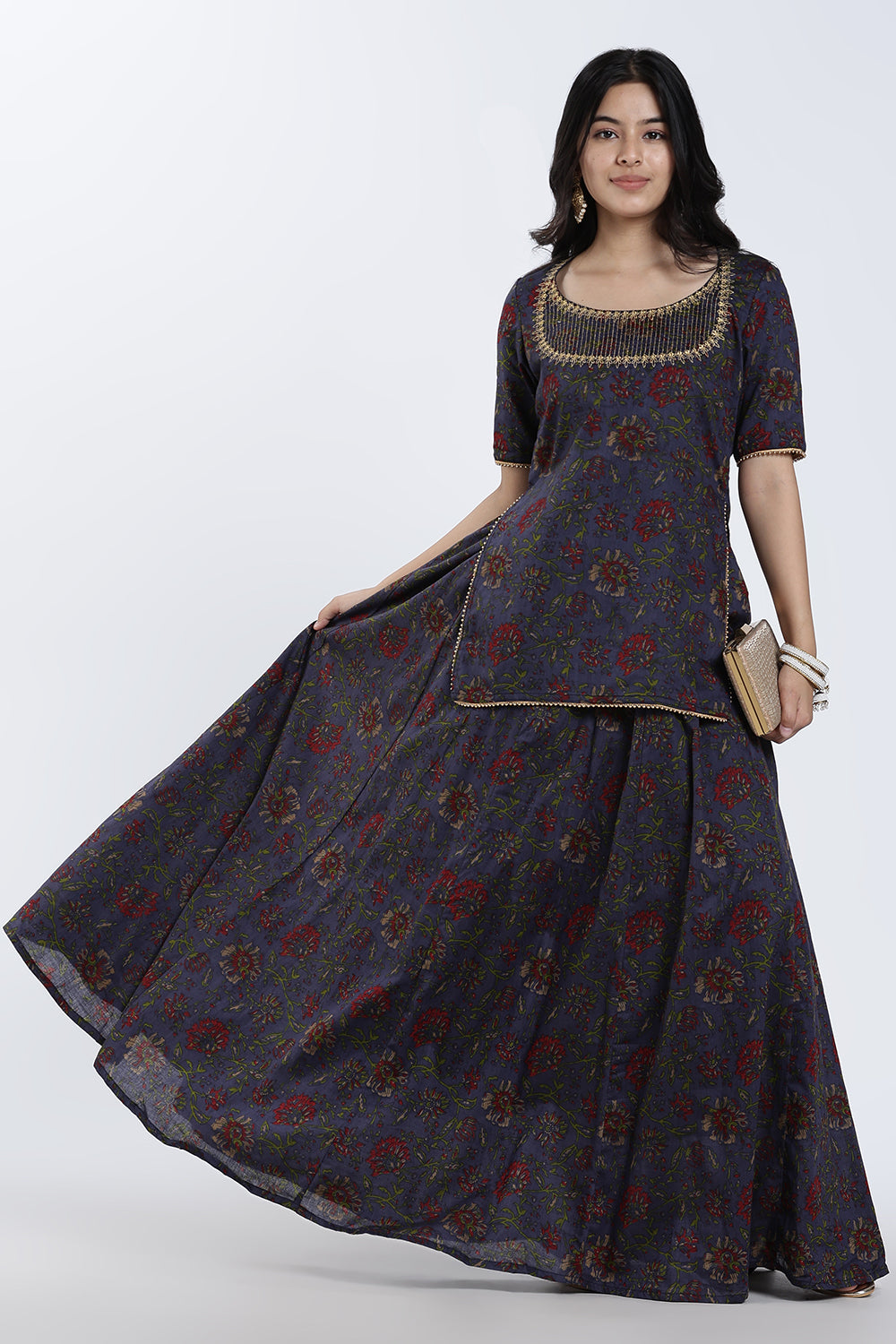 Mythri Women’s Festive Co-Ord Set – Cotton Blend Ethnic Top & Flared Skirt Set with Lace, Zari & Bead Detailing | Indo-Western Festive Wear for Women - ST09