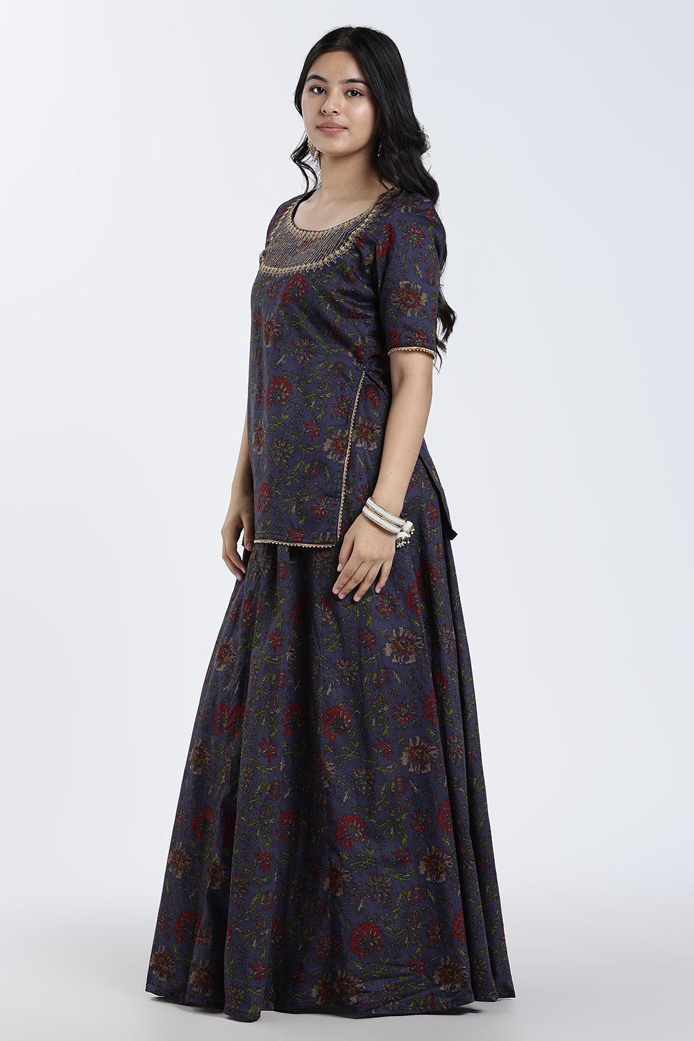 Mythri Women’s Festive Co-Ord Set – Cotton Blend Ethnic Top & Flared Skirt Set with Lace, Zari & Bead Detailing | Indo-Western Festive Wear for Women - ST09