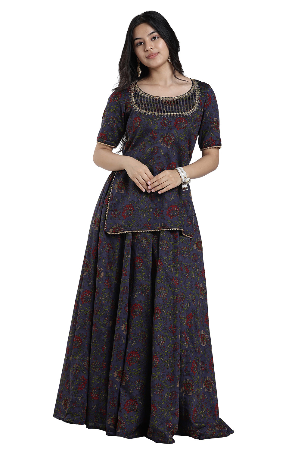 Mythri Women’s Festive Co-Ord Set – Cotton Blend Ethnic Top & Flared Skirt Set with Lace, Zari & Bead Detailing | Indo-Western Festive Wear for Women - ST09