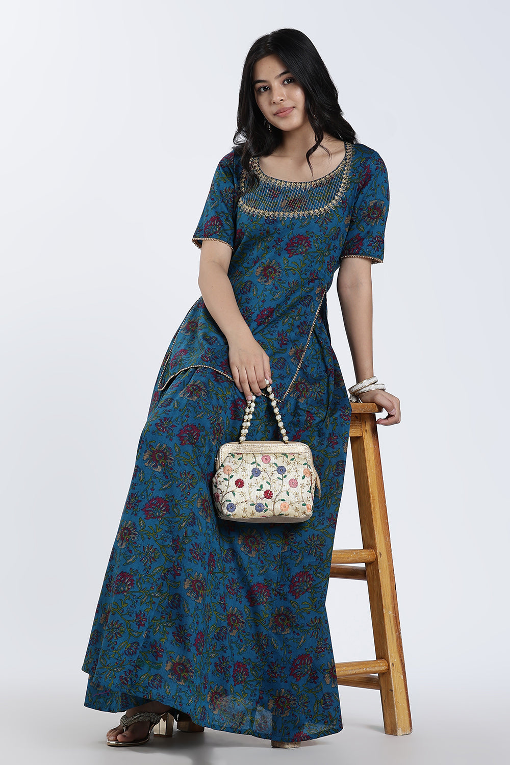 Mythri Women’s Festive Co-Ord Set – Cotton Blend Ethnic Top & Flared Skirt Set with Lace, Zari & Bead Detailing | Indo-Western Festive Wear for Women - ST09