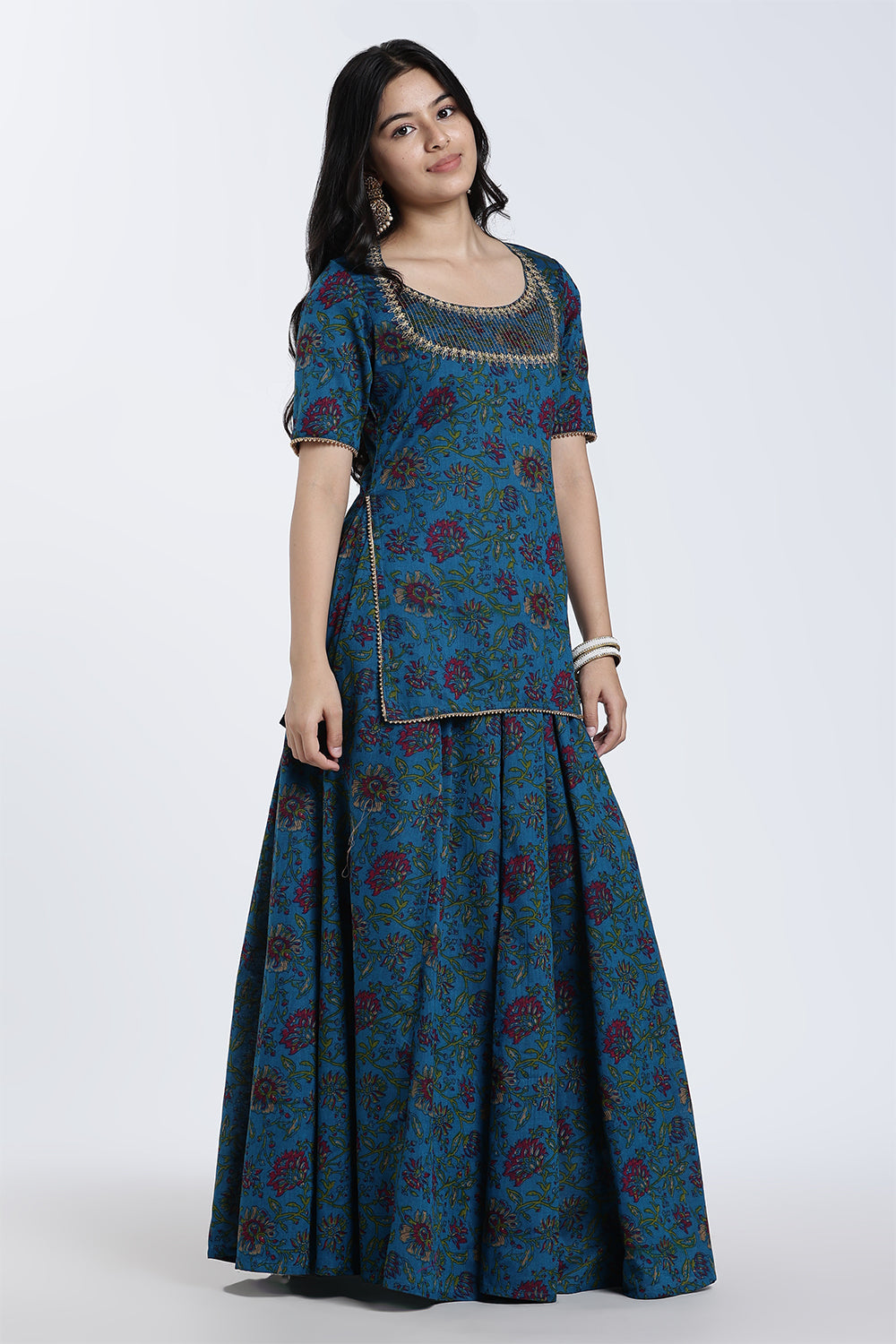 Mythri Women’s Festive Co-Ord Set – Cotton Blend Ethnic Top & Flared Skirt Set with Lace, Zari & Bead Detailing | Indo-Western Festive Wear for Women - ST09